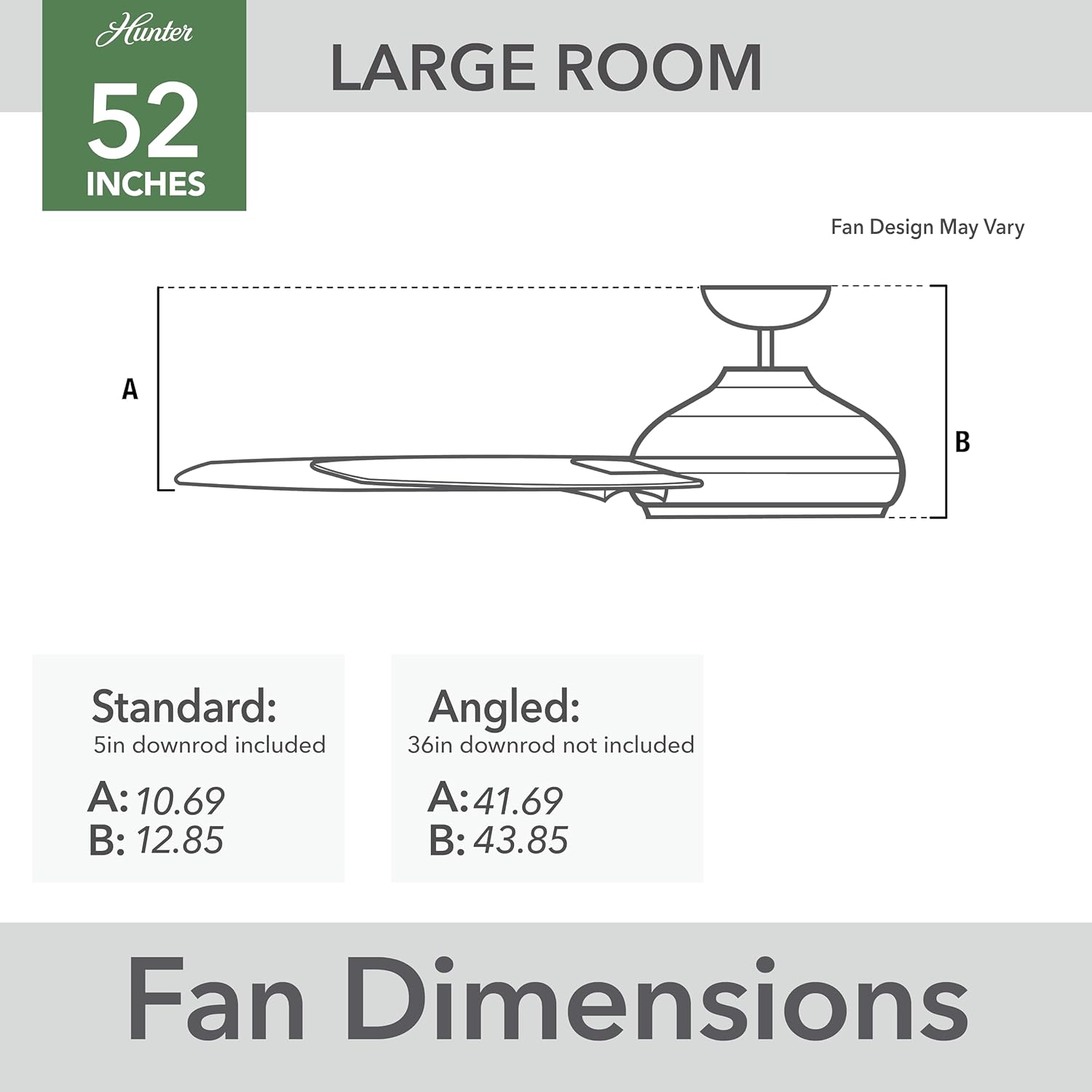 Hunter 52 inch Outdoor or Indoor Ceiling Fan No Light - Black Ceiling Fan without Light, For Patio, Porch, Garage, or Living Room, Standard Mount, 3 Blades, Pull Chain - Cassius 59264, Matte Black