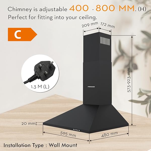FIREGAS Black Chimney Cooker Hood 60cm with Carbon Filters Stainless Steel Wall Mounted Extractor Hood Recirculating & Ducting Extractor Fan Black Cooker Hood - 3