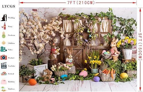Vista 12 de LYCGS Telón de fondo de Pascua de primavera de 8 x 6 pies, fondo de fotografía de Pascua, conejo, color huevos, flores, telón de fondo de madera