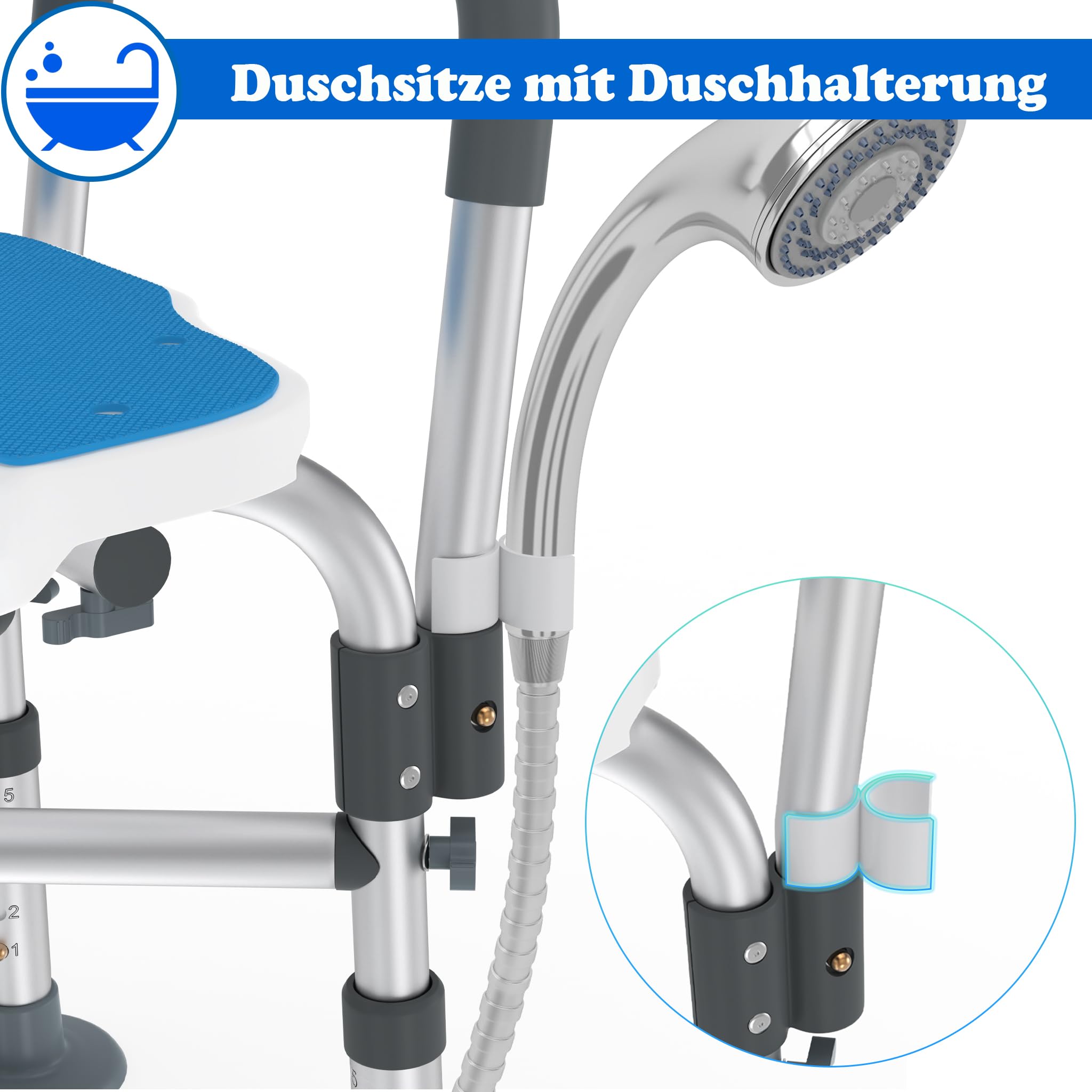 SUBTLETY Rillendesign Duschstuhl Aluminium Duschhocker mit Armlehnen, Rückenlehne & Rutschfestes Kissen, 74-84,5cm Höhenverstellbar Badhocker mit Anti-Rutsch-Füße bis 200KG für Senioren