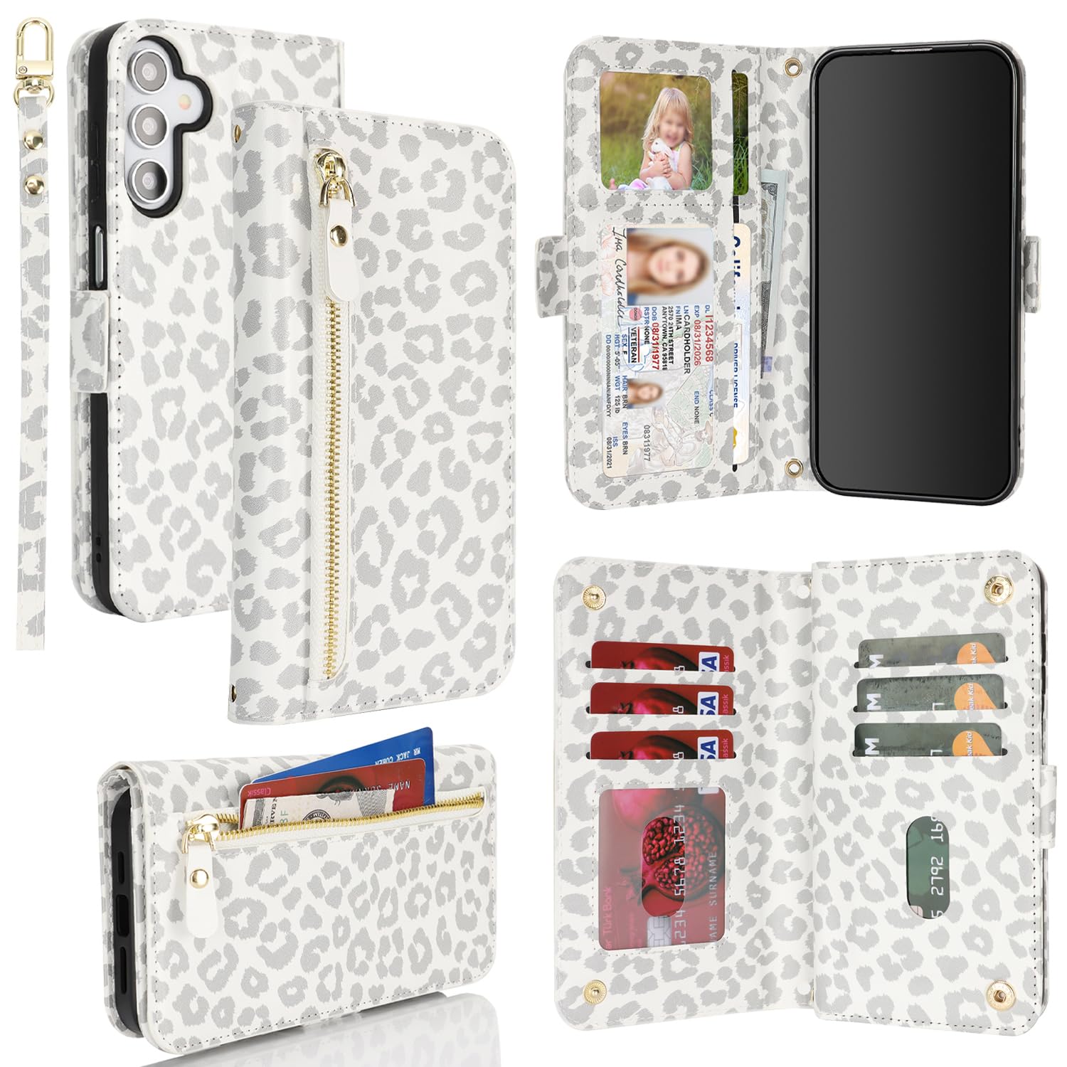 Coque portefeuille Samsung A15 range cartes fermeture éclair léopard blanc