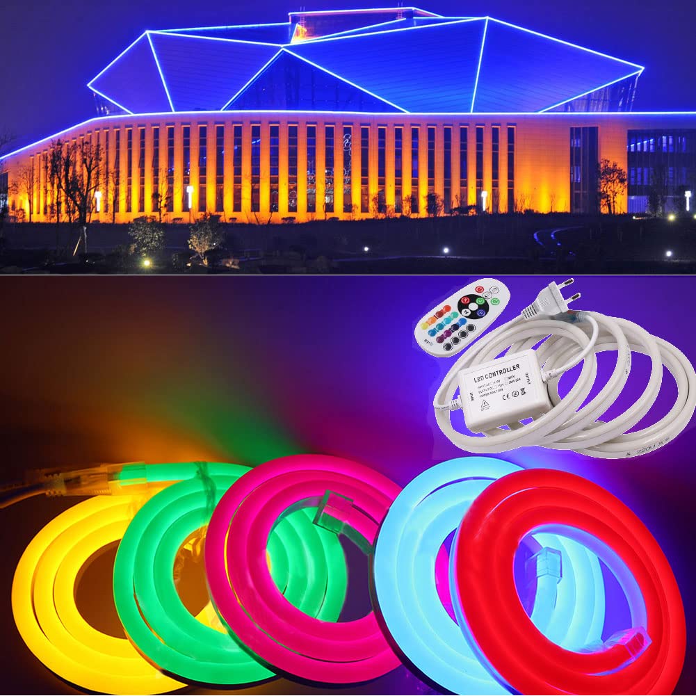 RGB Neon LED Streifen, 10M 220V 5050 Silikon Flexibler Neonstreifen, Multi-Farbwechsel Neon LED Lichtband mit 24 Tasten Fernbedienung und 750W RGB Regler für Schlafzimmer, Schrank, Bar