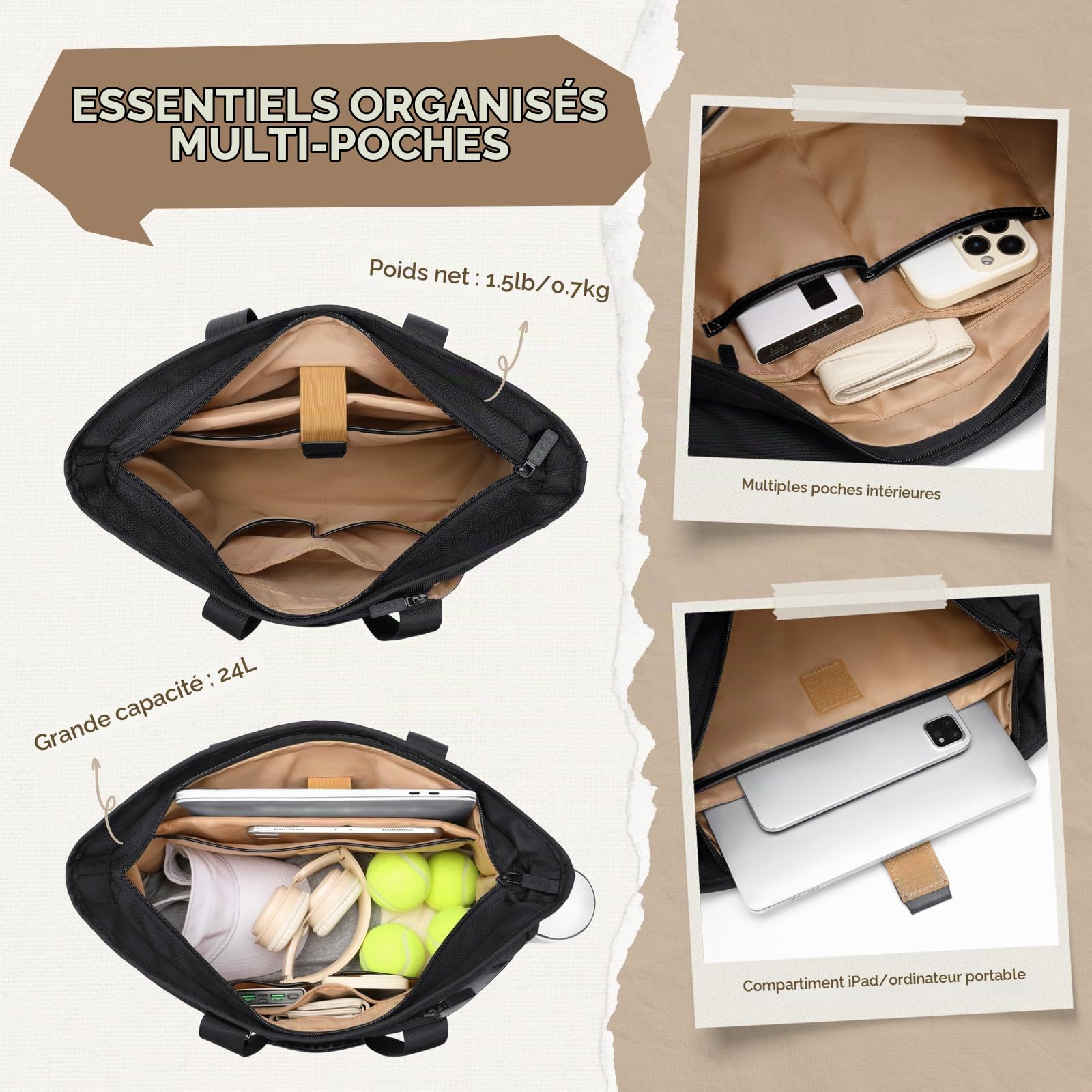 GOLF SUPAGS Sac de Tennis pour Femme, Sac Fourre Tout pour Tapis de Yoga, Sacs à Bandoulière de 14 Pouces, Sacs de Fitness Sport avec Poche Humide, pour Tennis, Gym, Sport, Voyage, Bureau