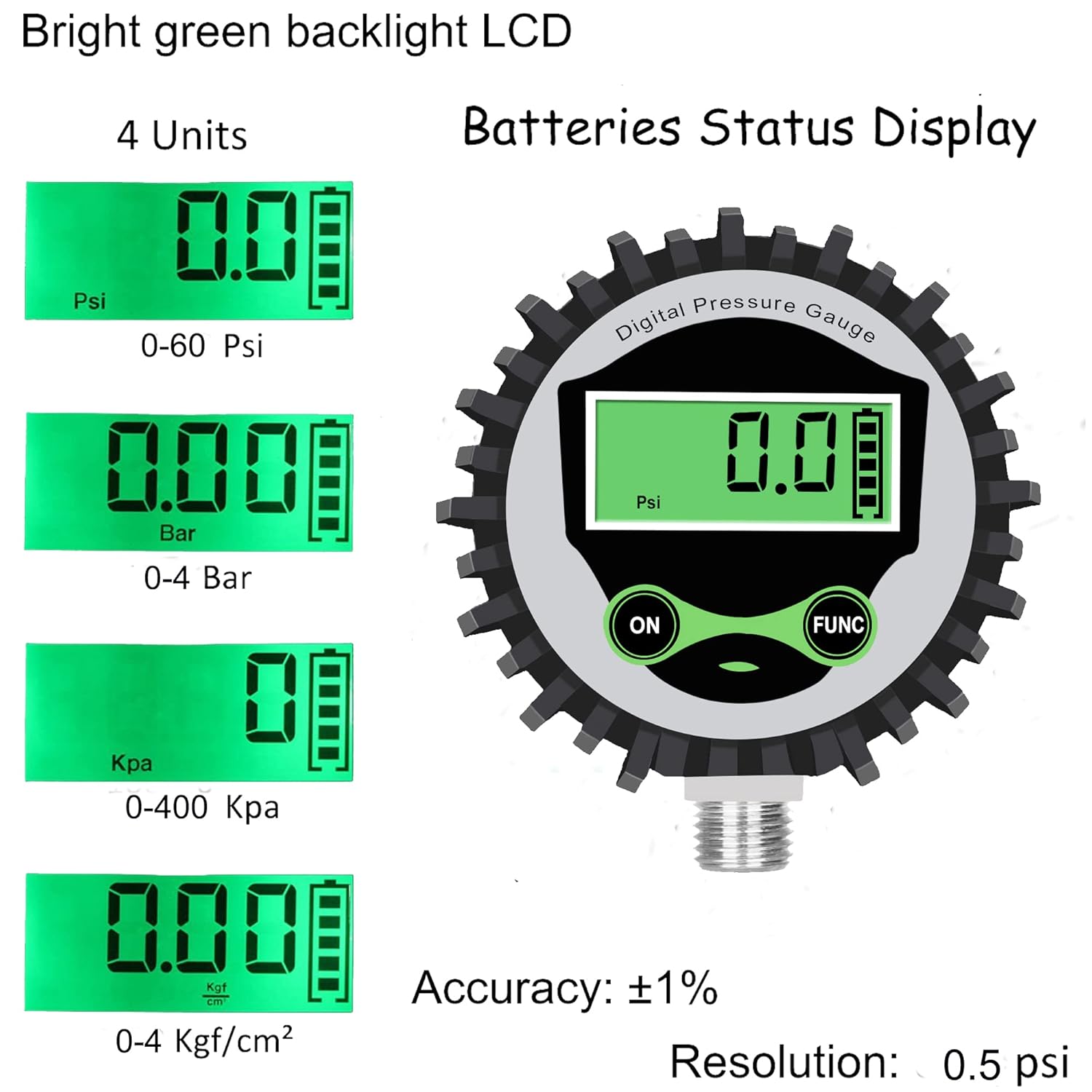 Digital Low Pressure Gauge with 1/4'' NPT Bottom Connector and Rubber Protector by Uharbour, 5-60 psi, Accuracy 1%, Resolution 0.1psi