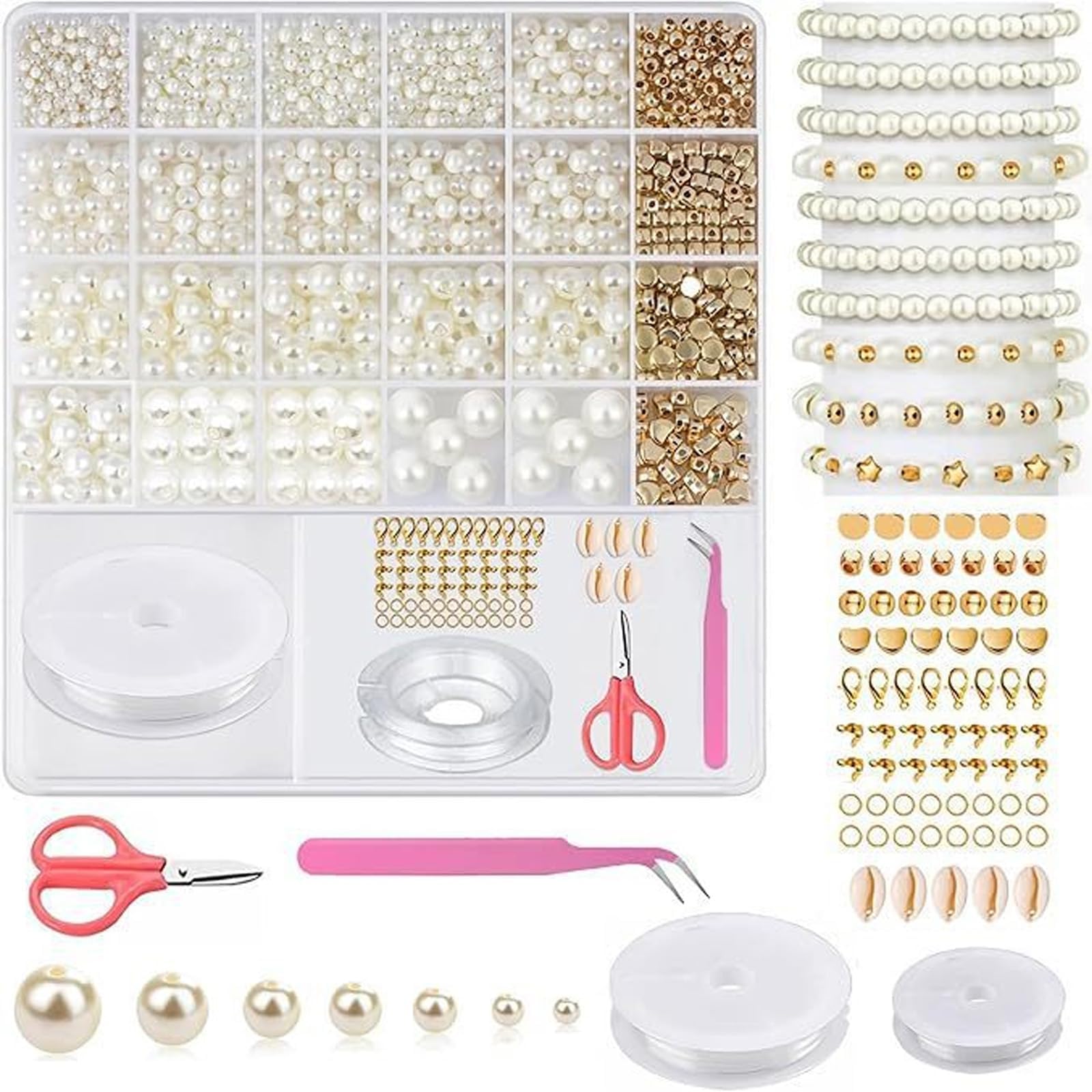 OONOYWOO 1900Pcs Pearl Beads for Jewelry Making 6 Sizes (3mm-12mm) Round Pearls with Gold Spacer Bead and Storage Box for DIY Necklace Earrings