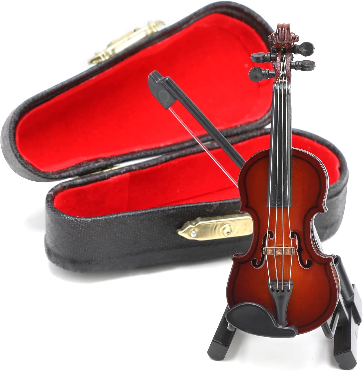 Miniature Violin Wooden Instrument Model with Stand, 8cm Tiny Violin Model with Bow and Black Leather Case Mini Violin Musical Instruments Toy for Dollhouse Home Office Decor