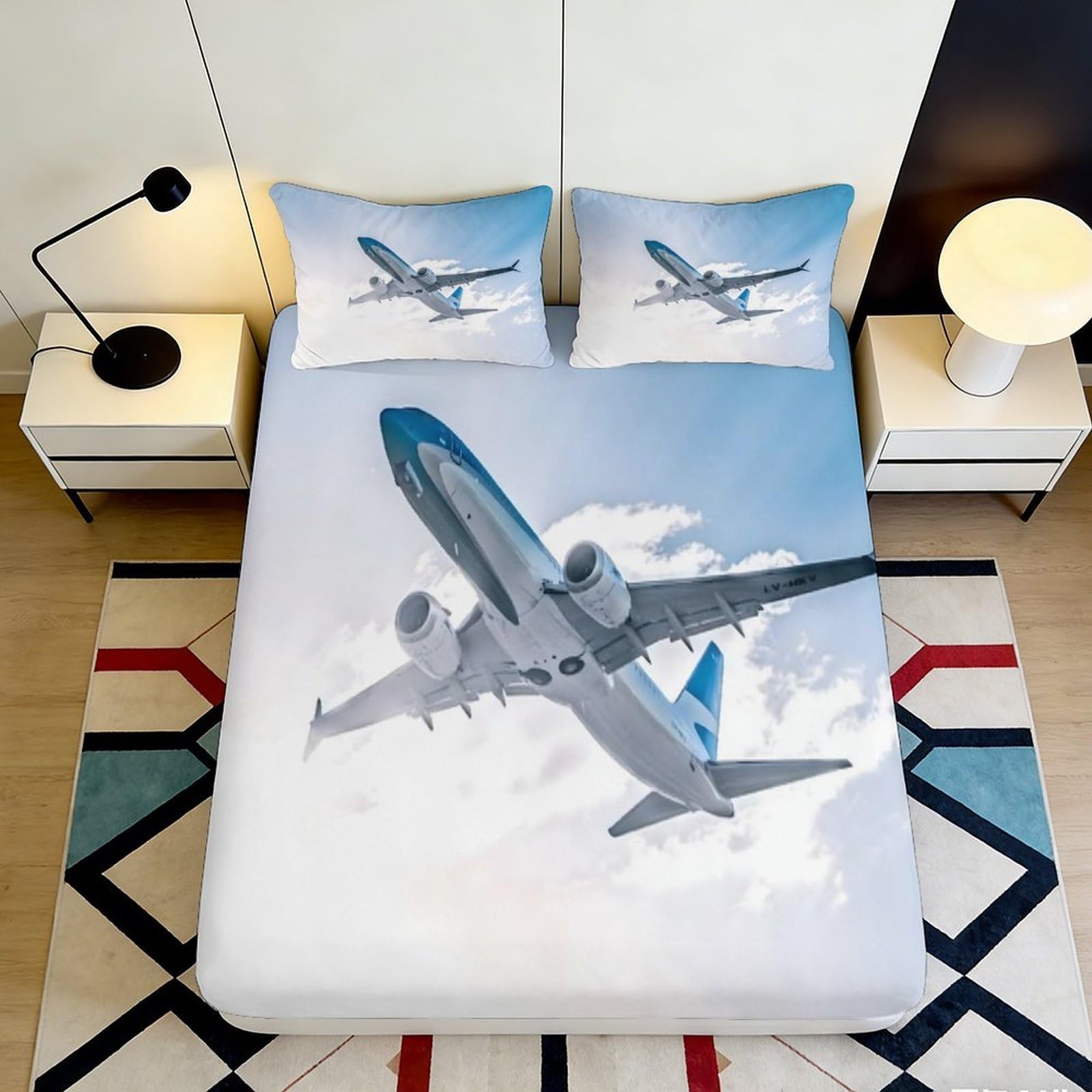 3D Printed Airplane Sky Fitted Sheet Microfiber Soft Breathable Clouds Bed Cover for Bedroom Dorm Mattress Protector Decor 90x200x25cm
