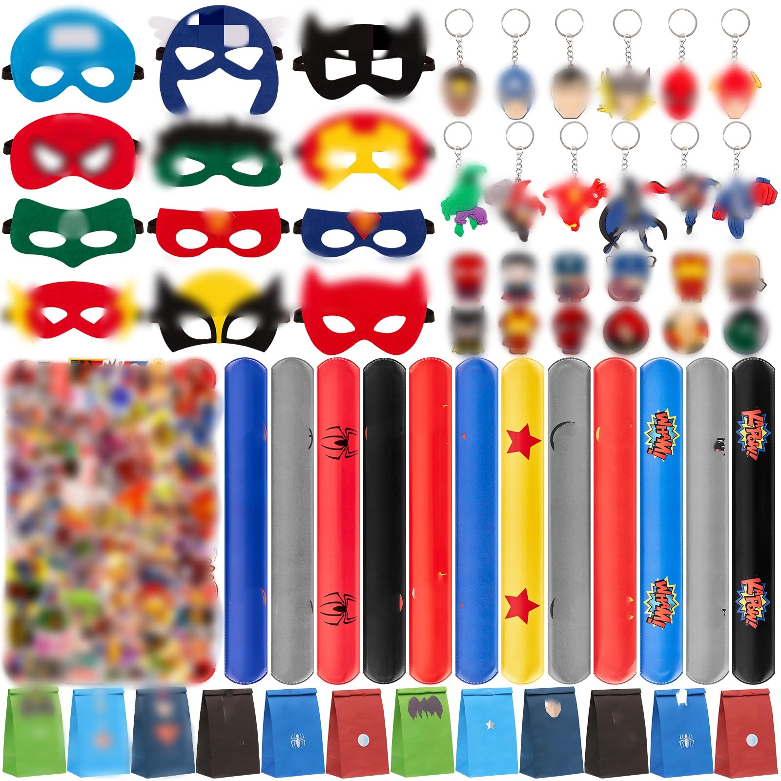 Heartsking 110 Pcs Superhero Party Bag Fillers for Kids, Pinata Slap Bands Stickers Masks Party Bags Key Rings Shoe Charms Theme Birthday Gifts for Boys Girls
