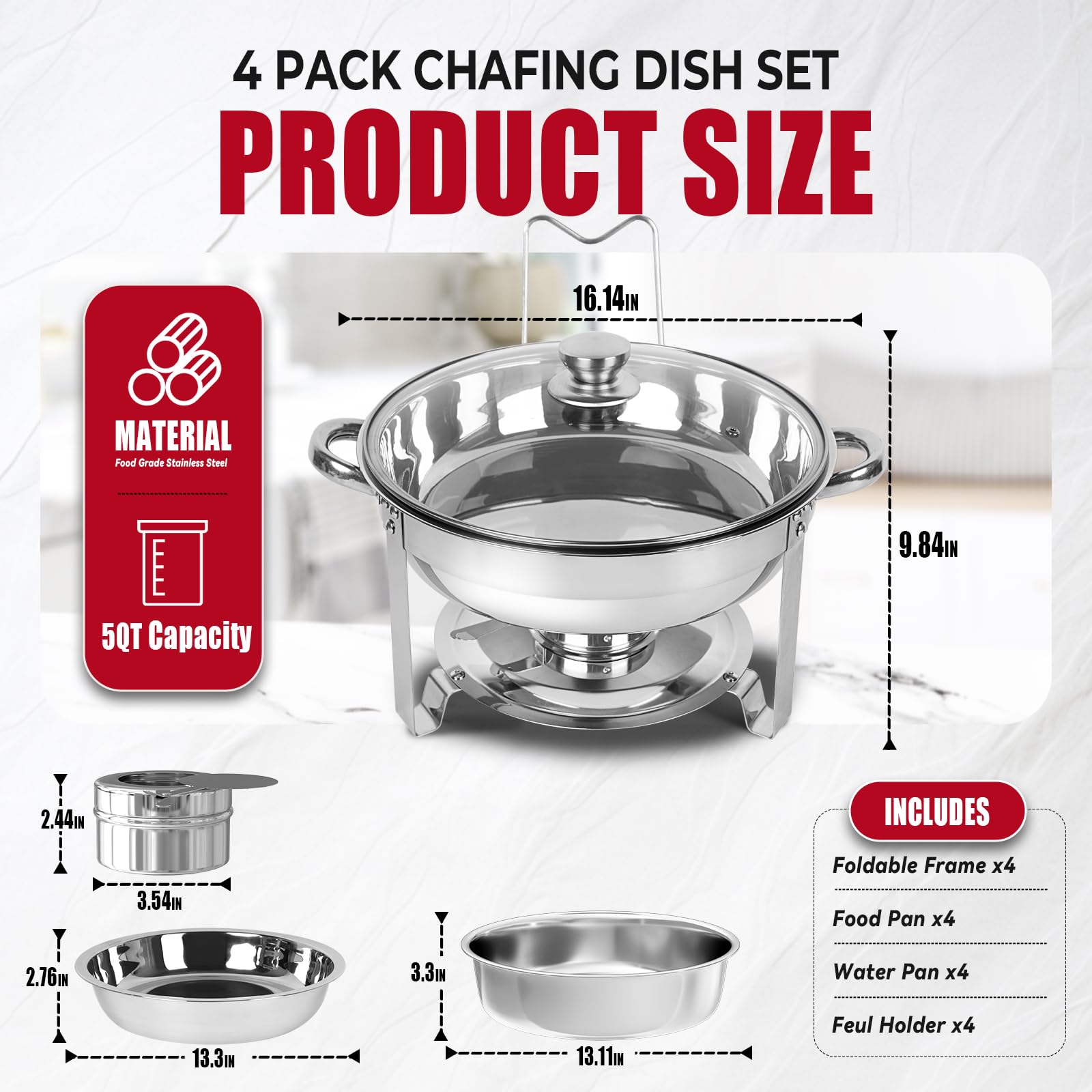 IMACONE Juego de 4 platos de roce redondos de acero inoxidable de 5 cuartos para catering, fogatas mejoradas y calentadores de buffet con tapa de vidrio y soporte, marco, soporte de combustible para