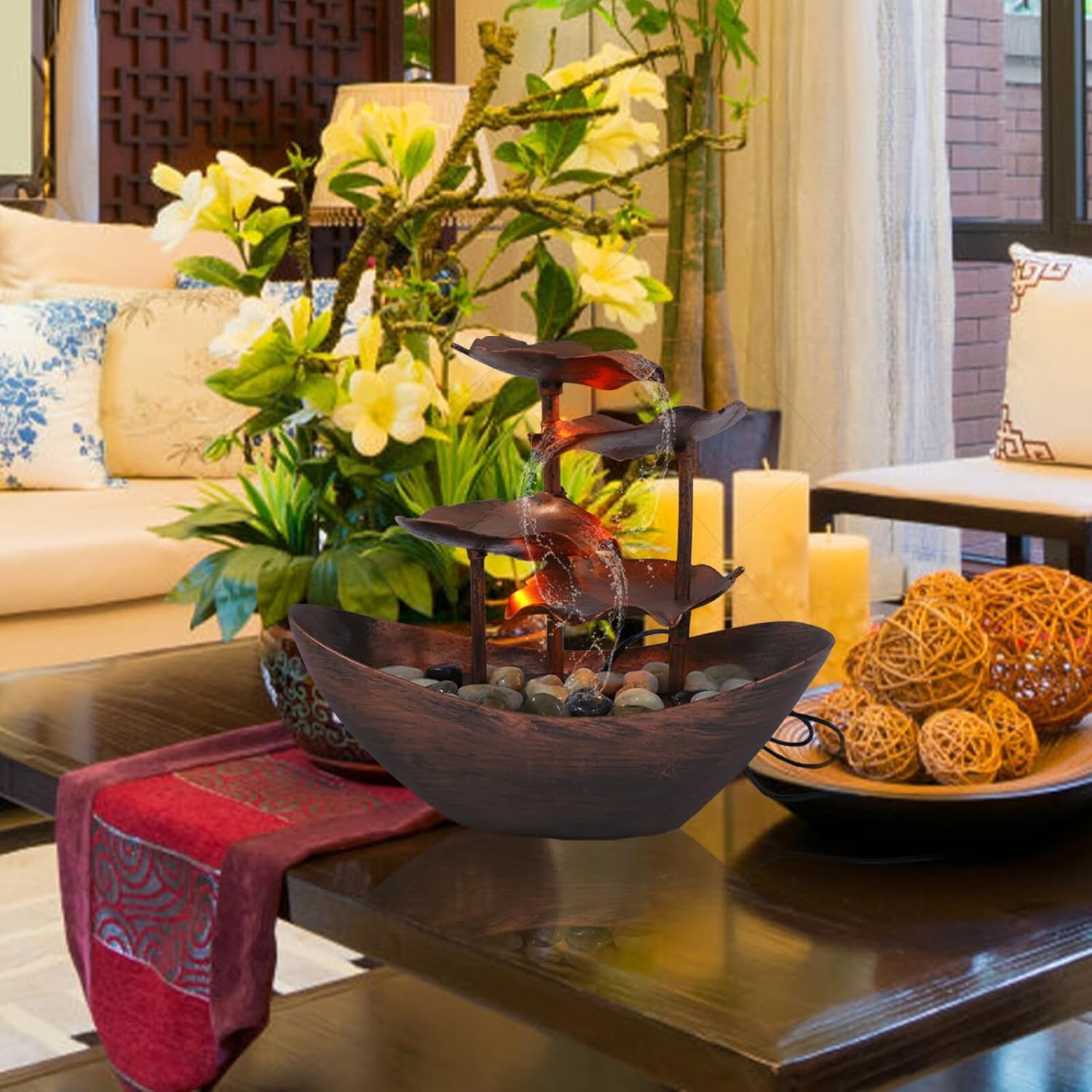 Lotus Leaf Tabletop Waterfall Fountain for Living Home Decor with LED Night Light Creative Flowing Water Feature Ornament for Office Tv Cabinet Study Bar Plastic Design