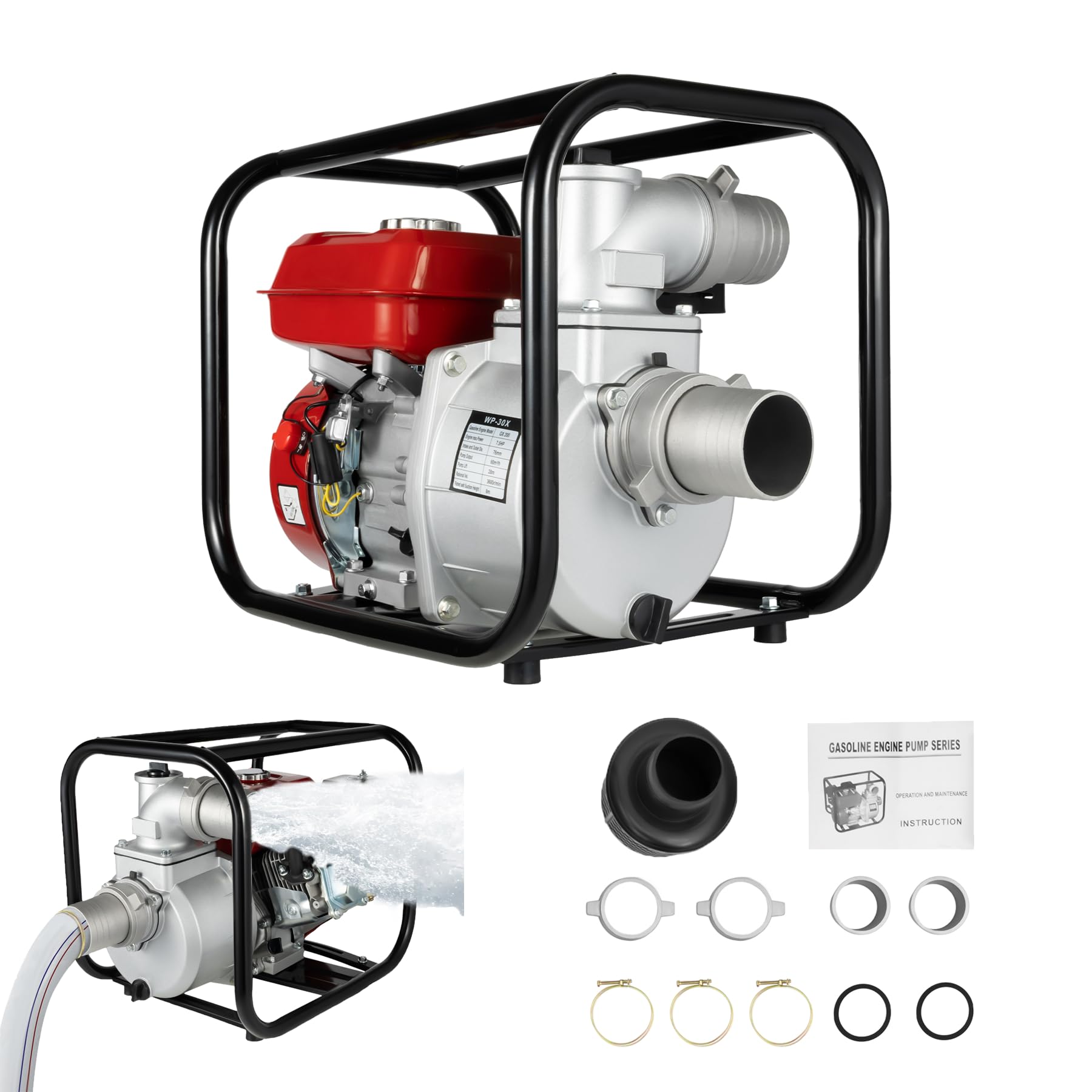 7,5 CV Pompe à Eau Thermique 4 Temps Eaux Usées Motopompe Essence | 60 m³/h, Hauteur de Refoulement 28 m, Raccord 76 mm (3"), pour Drainage, Irrigation, Lavage et Arrosage