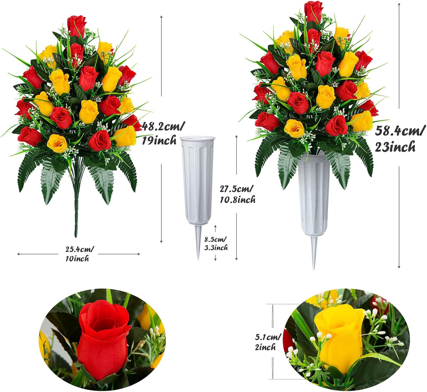 Artificial Cemetery Flowers - Set of 2 Grave Memorial Rose Flowers with Vase for Cemetery Headstones Gravesites Decoration (Red & Yellow)