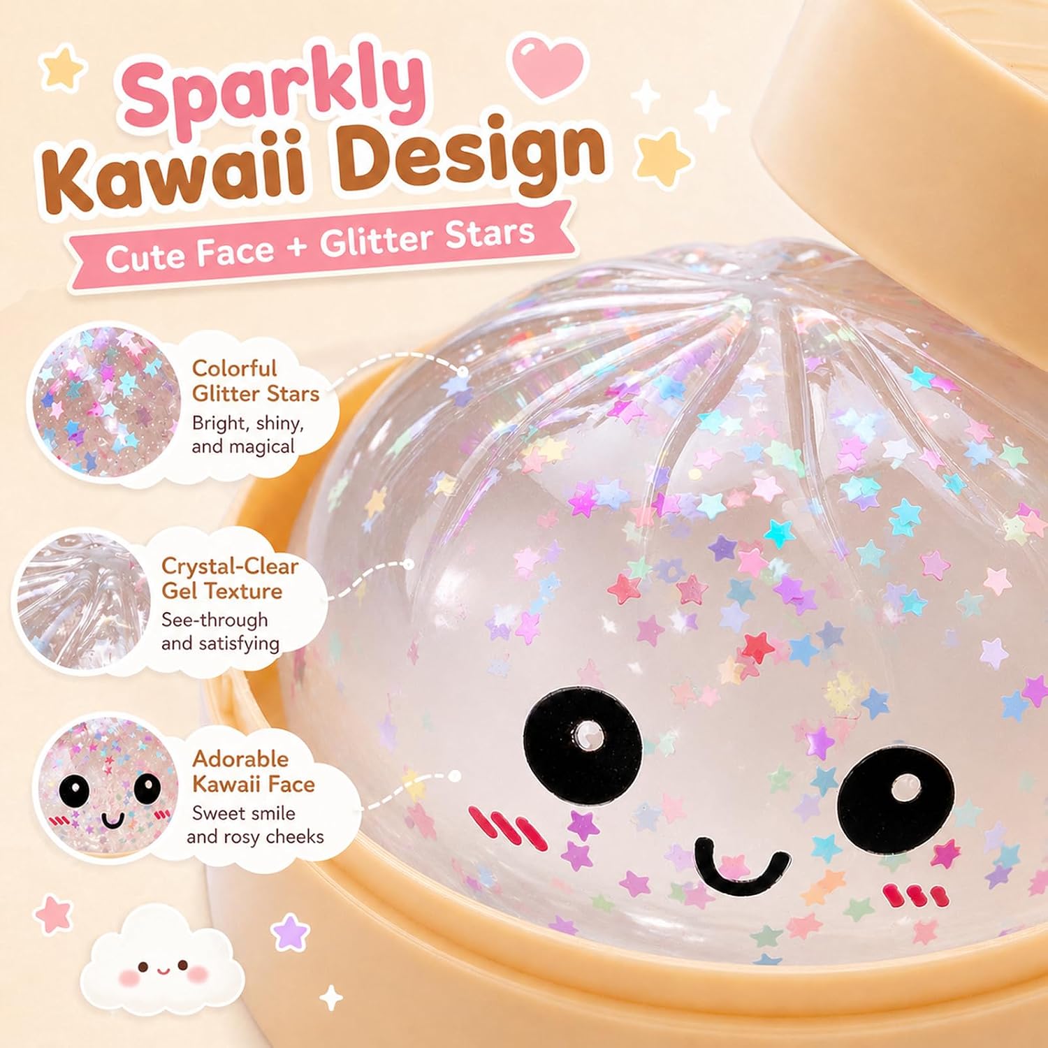 4 PCS Glitter Dumpling Squishies Stress Balls, Colorful Squishies Dumpling Fidget Sensory Toy with Food Steamer, Squeeze Dough Ball for Stress Relief, Stretchy Desk Toys Gift