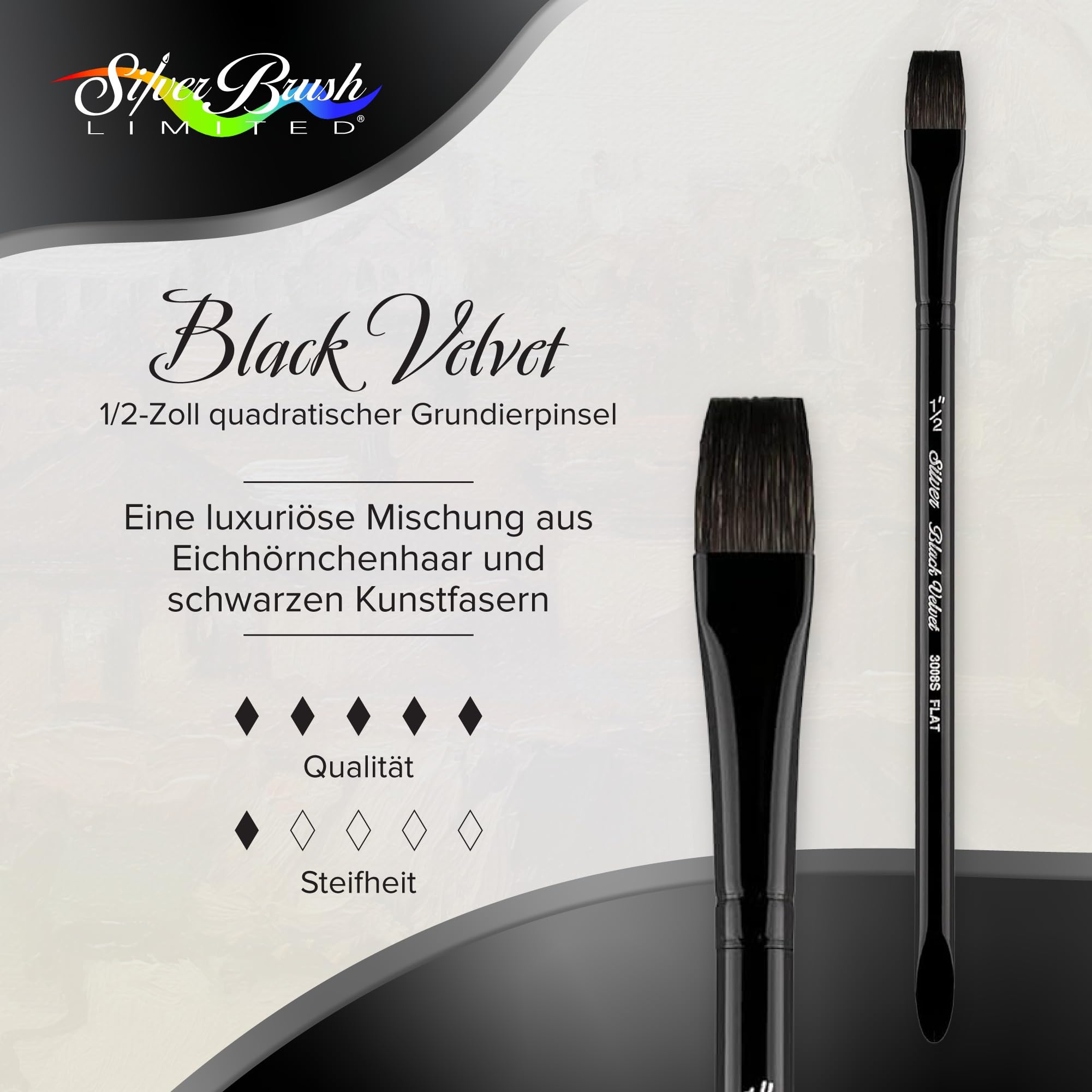 Silver Brush Limited 3008S1/2 Zoll schwarzer Samt-Aquarellpinsel, quadratisch, Größe 1,27 cm, kurzer Griff