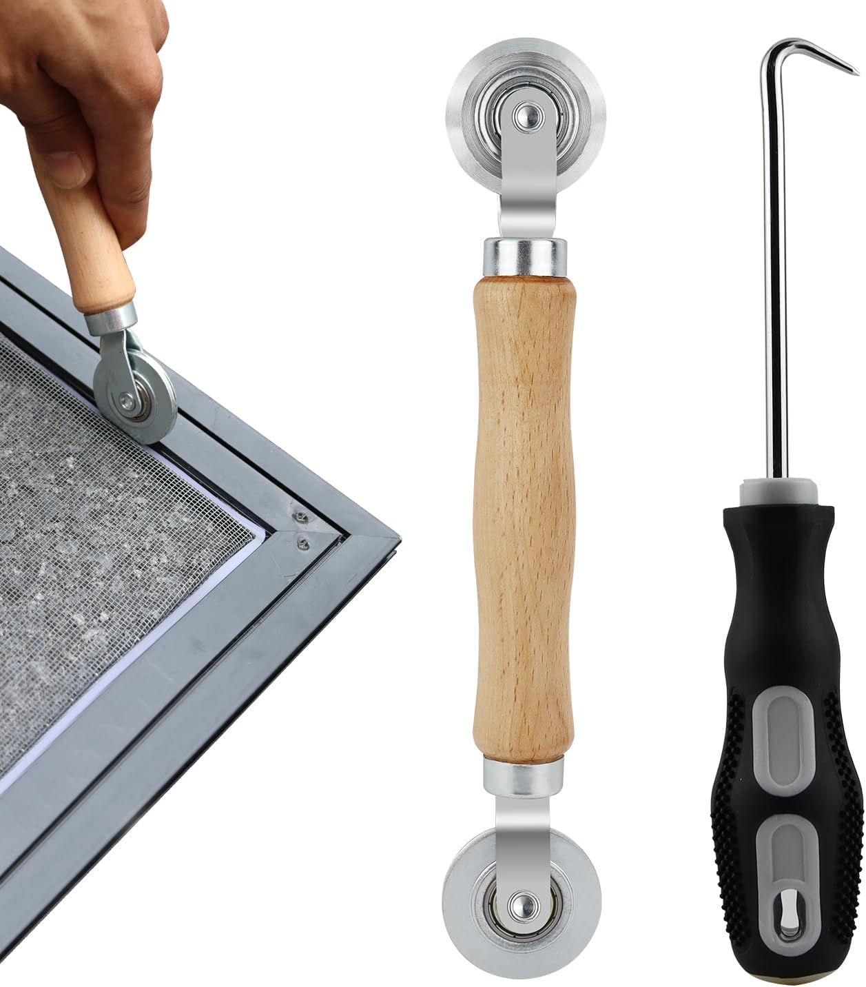 Window Screen Removal Tools Screen Repair Kit 2PCS with Wooden Handle