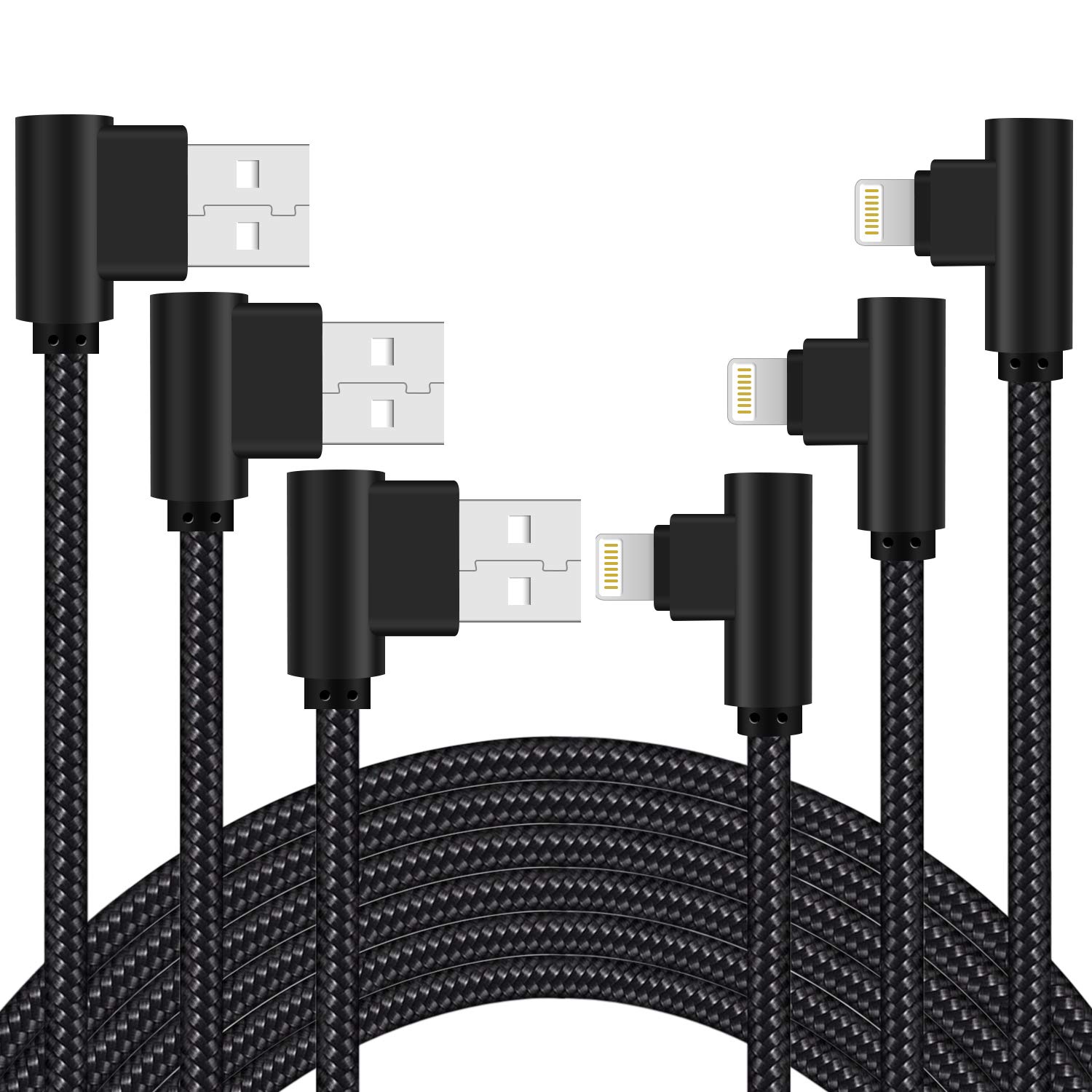 Cargador para iPhone de 3 pies con certificación MFi, paquete de 3 cables Lightning trenzados de nailon de 90 grados, cable de carga en ángulo recto para iPhone 14 13 12 11 Pro X XS XR 8 Plus 7