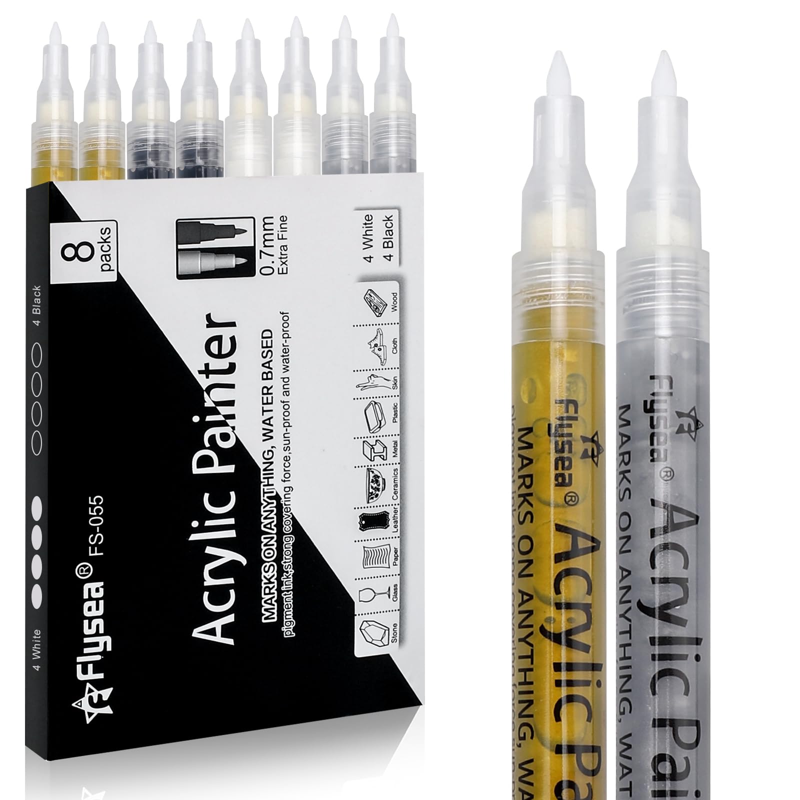 Juego de 8 Rotuladores Acrilicos Blanco Negro Dorados y Plateados 0,7mm Punta Fina Marcadores Pintura Acrilica para Piedras, Roca, Tela, Metal, Vidrio, Madera