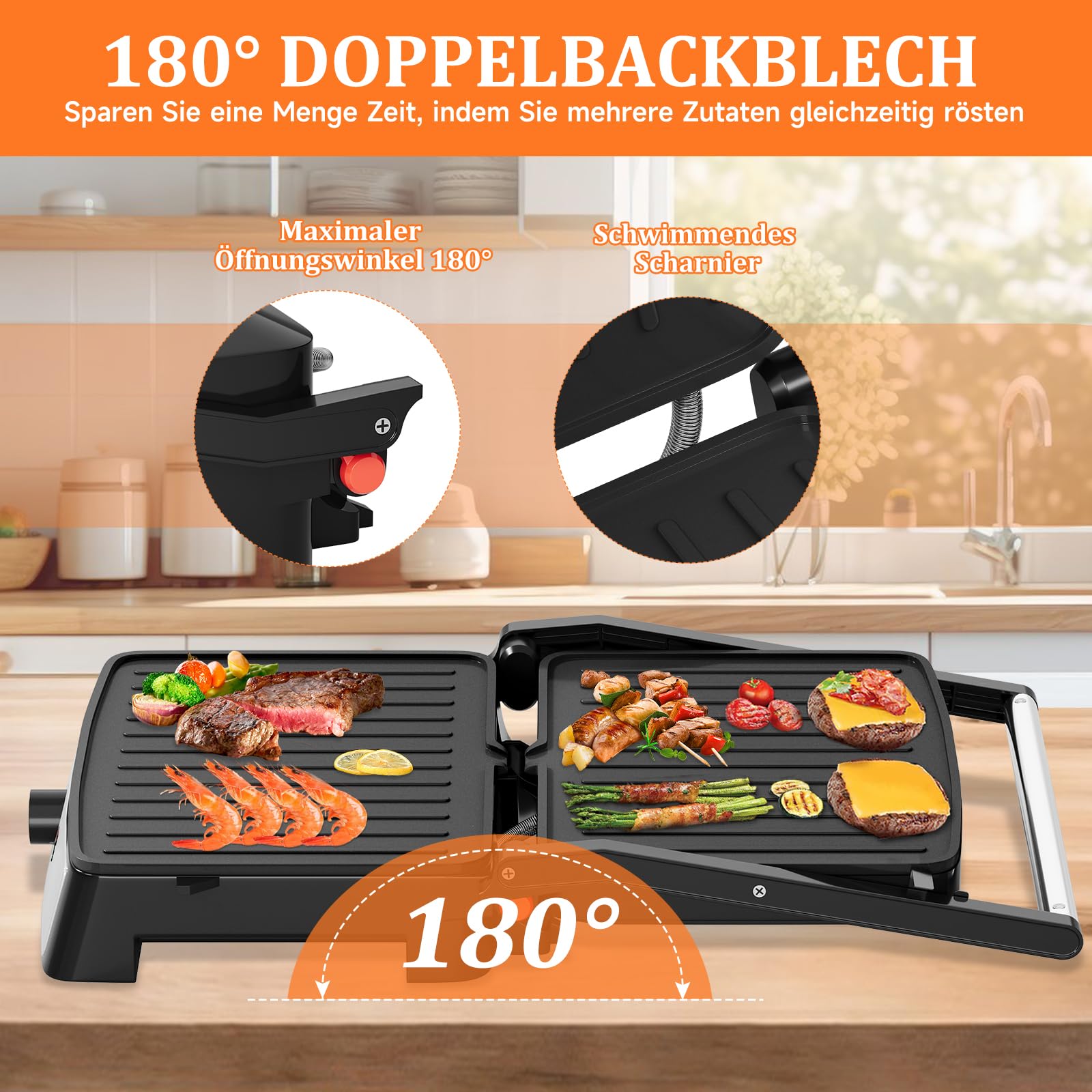 HOMELUX Griglia a contatto, panini e panini Grill 2200 W, per grigliare senza grassi, toastie, bistecca, panini maker con piastre antiaderenti 29 x 23 cm, apertura a 180°, raschietto per pulizia