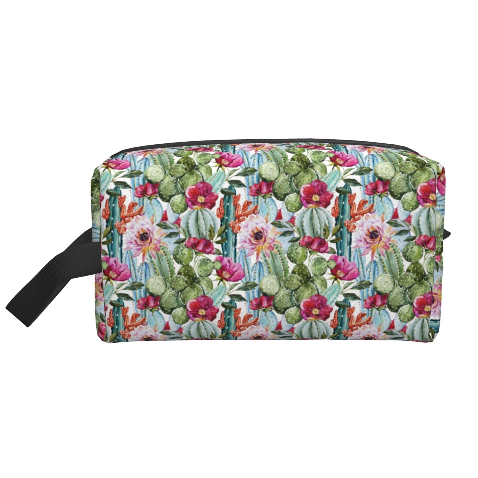 Ercgad Unisex White Cactus Succulent Rose Print Large Capacity Travel Toiletry Bag Cosmetic Pouch Daily Storage Makeup Case