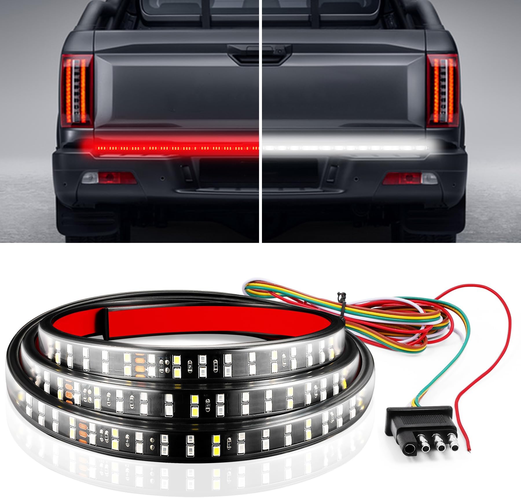 LivTee Truck Tailgate Light Bar 60" LED Strip with Red Running Brake White Reverse Red Turning Signals Lights, Car Truck Accessories for Men - IP68 Waterproof