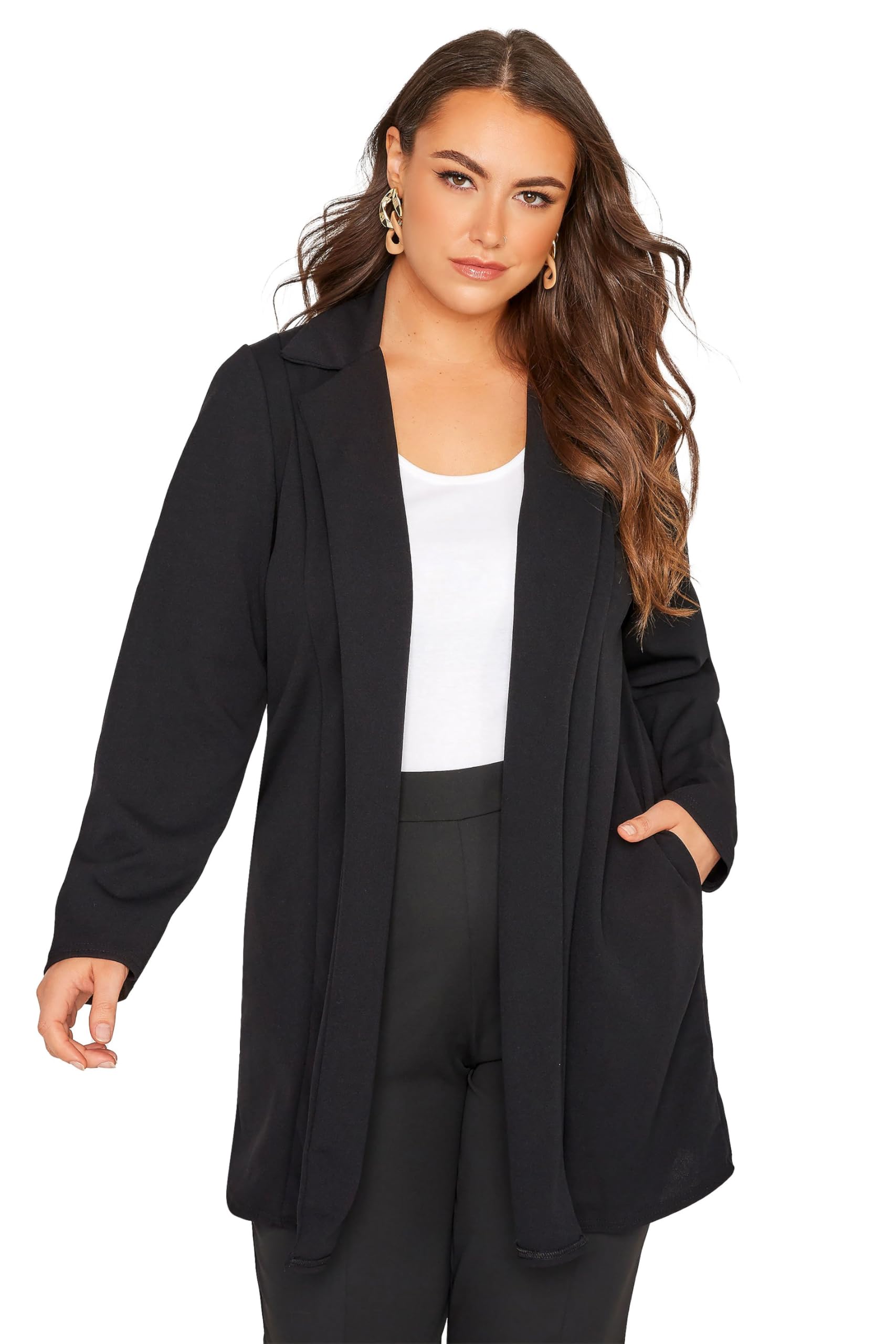 Yours Women's Black Curve Longline Oversized Open Front Suit Blazer Jacket With Pockets - Plus 14 Plus