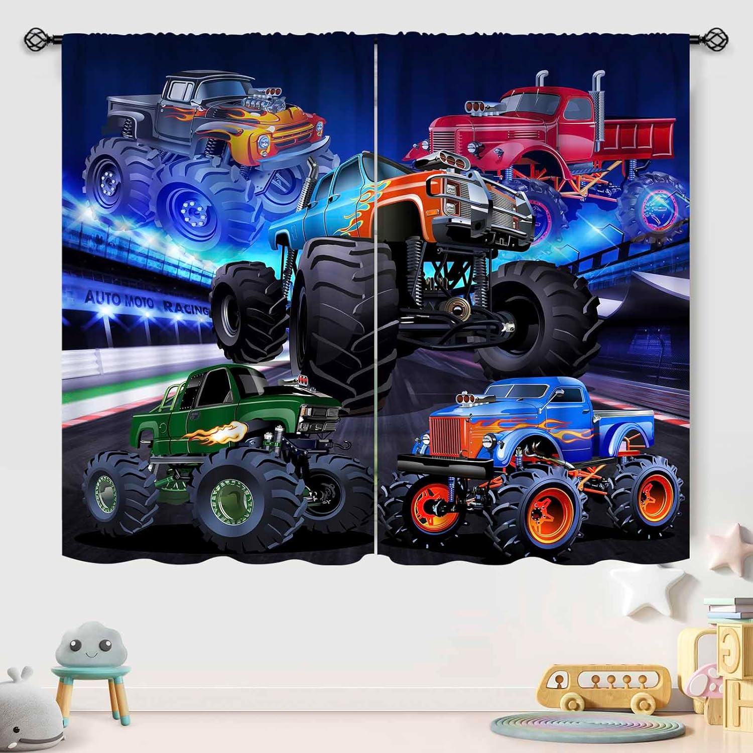 Racing Car Curtains,Cartoon 3D Fleet Racing Car Stadium Game Cool Monster Truck Window Treatments for Teen Boy Kids Bedroom Living Room Playroom Drapes2 Panels,63X63 Inch