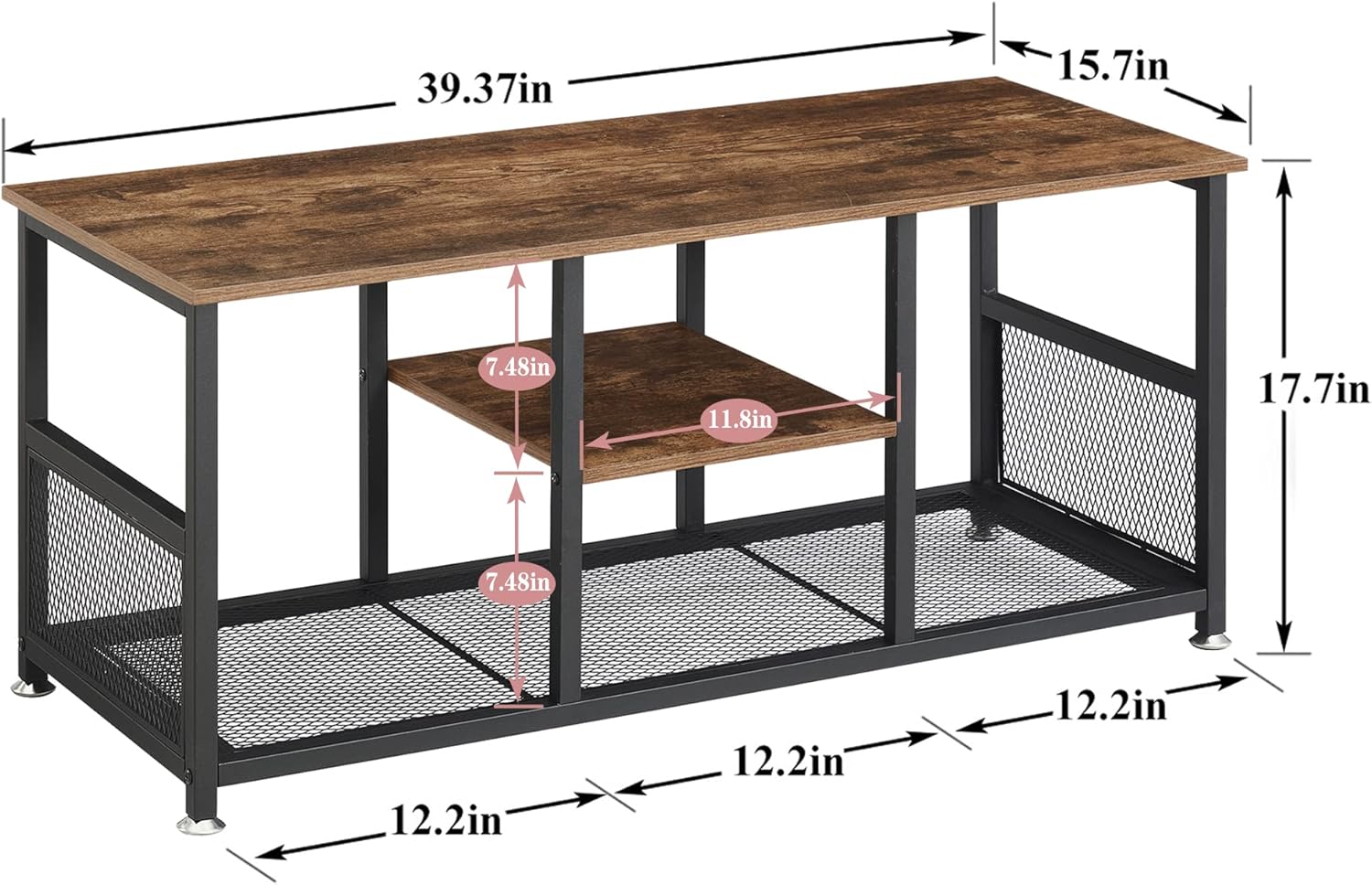 VECELO 39 Coffee Table with Storage Shelf for Living Room Industrial Wood and Metal Frame Easy Assembly Retro Brown