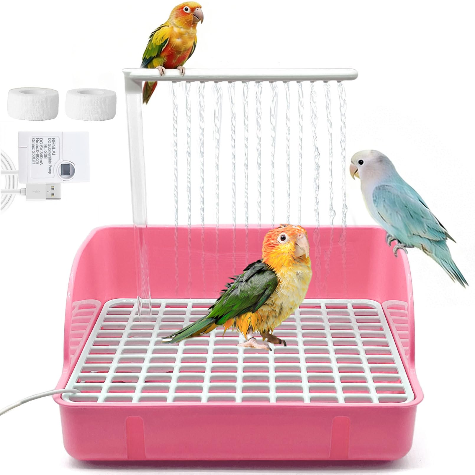 kathson Parrot Bathtub, Automatic Bird Bath Indoor,Parakeet Shower Fountain,Parrot Bath Tub for Pet Birds, Cockatiel, Conure, Budgie, Lovebird, African Grey, Finches (Pink)