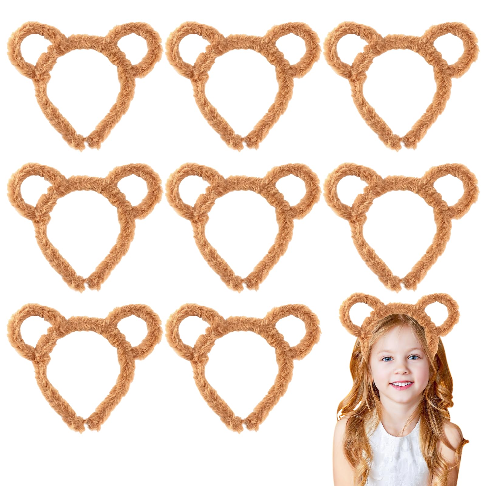 TAGMEIU 8 Pcs Brown Bear Ears Headband, Plush Animal Ears Hair Band with Flexible Metal Hoop