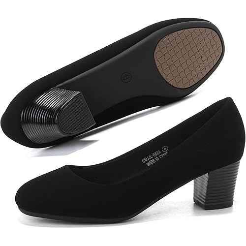HHTCAL Women's Pumps Round Closed Toe Chunky Heels Comfortable 2 inch Block Low Heel Dress Shoes for Office Work Business Formal
