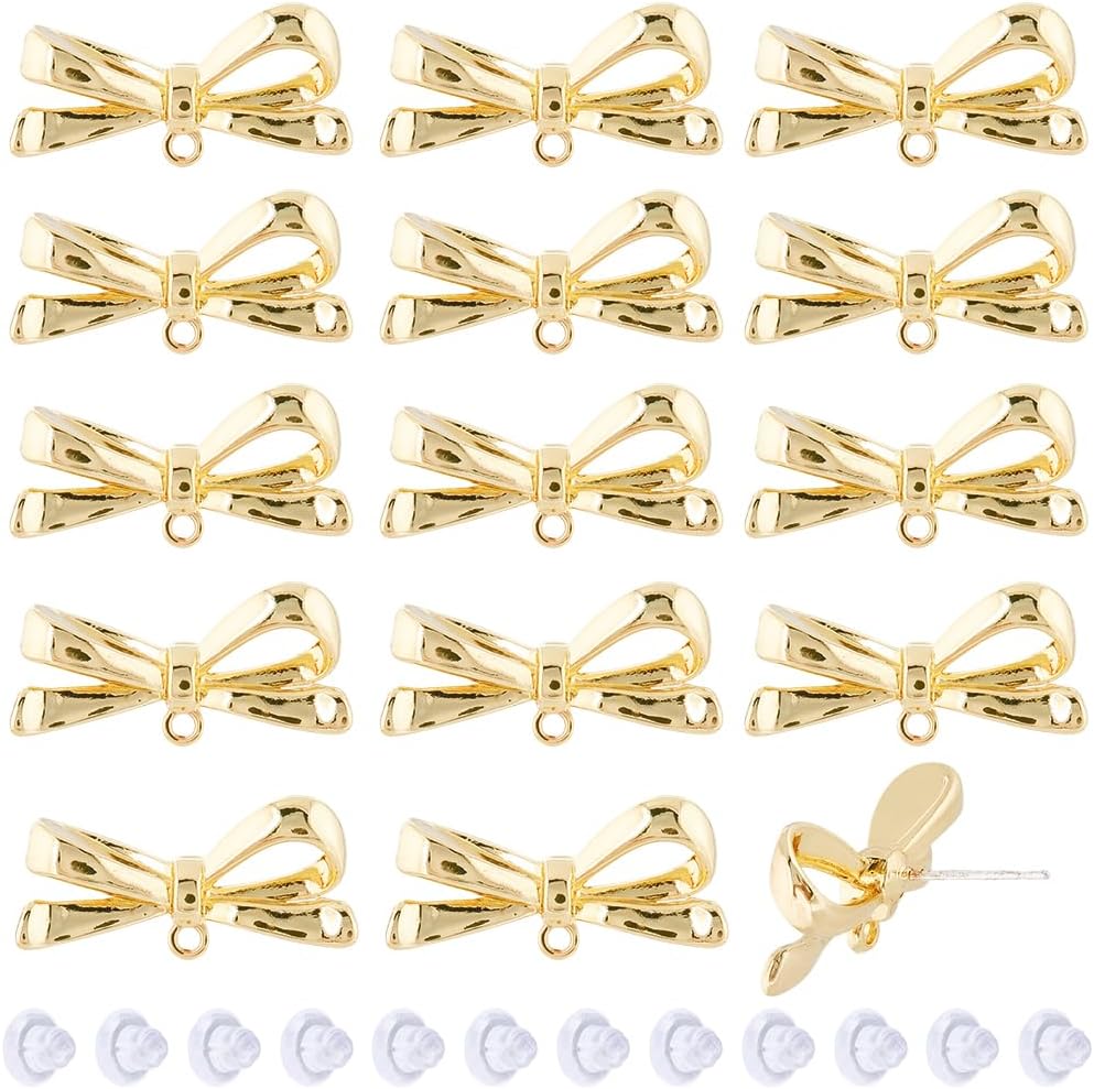 SUNNYCLUE 1 Box 24Pcs Bow Earring Studs Gold Bowknot Earrings Metal Alloy Coquette Bows Tie Shaped Loop Dangle Posts Findings with Clear Plastic Ear Nuts for Jewelry Making DIY Crafting Accessories