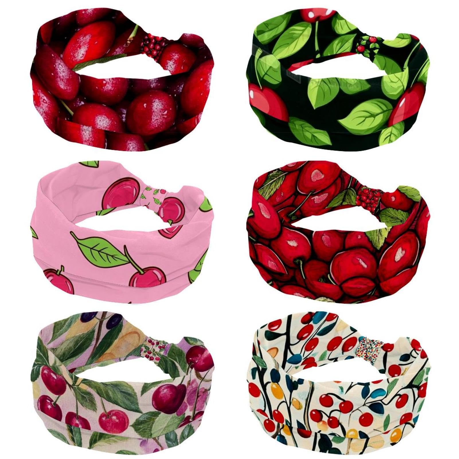 Lot de 6 bandeaux élastiques pour femme - Motif fruits de cerise - Pour yoga et entraînement - Anti-transpiration - Souple - Simple et polyvalent