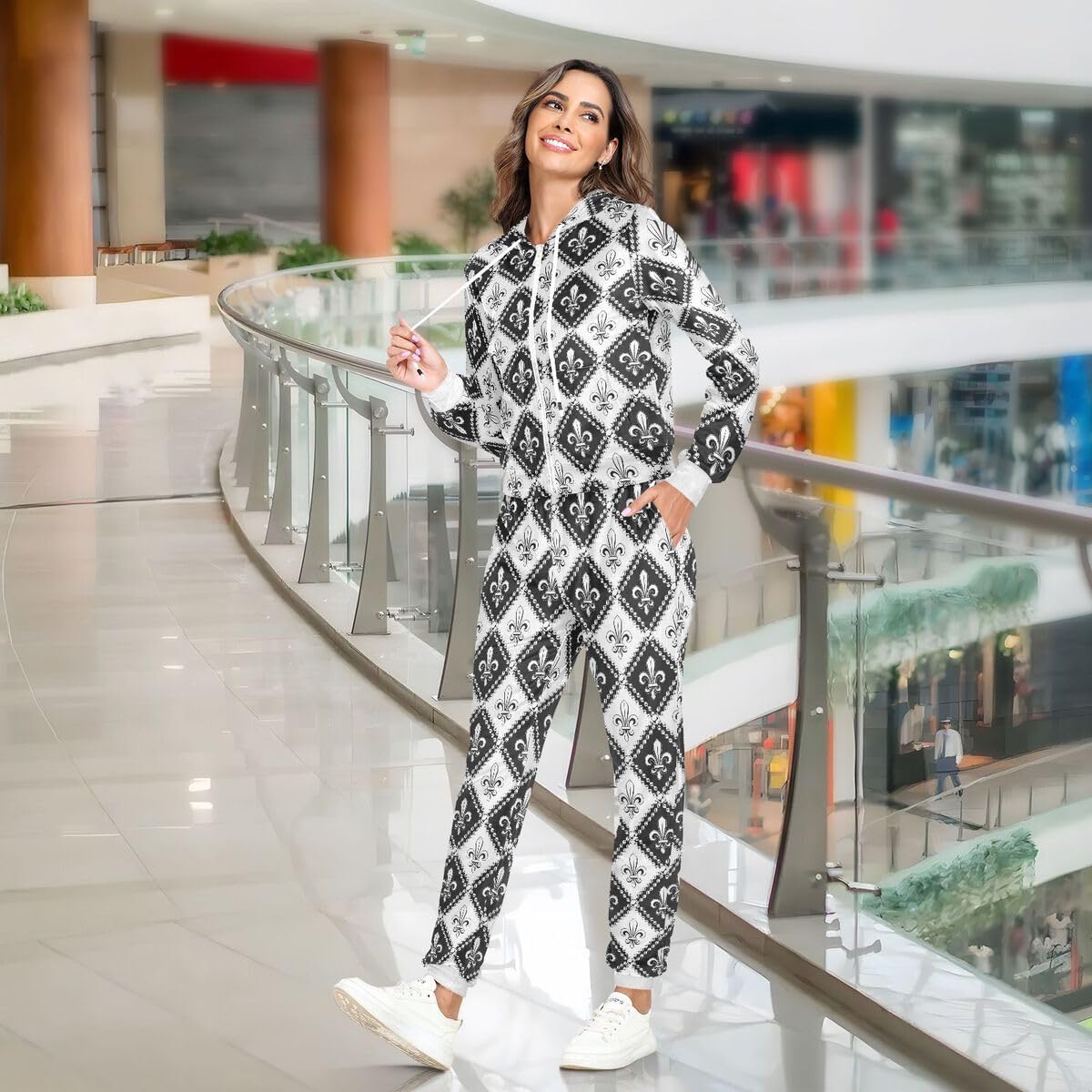 Conjunto deportivo de 2 piezas para mujer, diseño geométrico de flor de lis, conjunto deportivo de manga larga, color negro y blanco