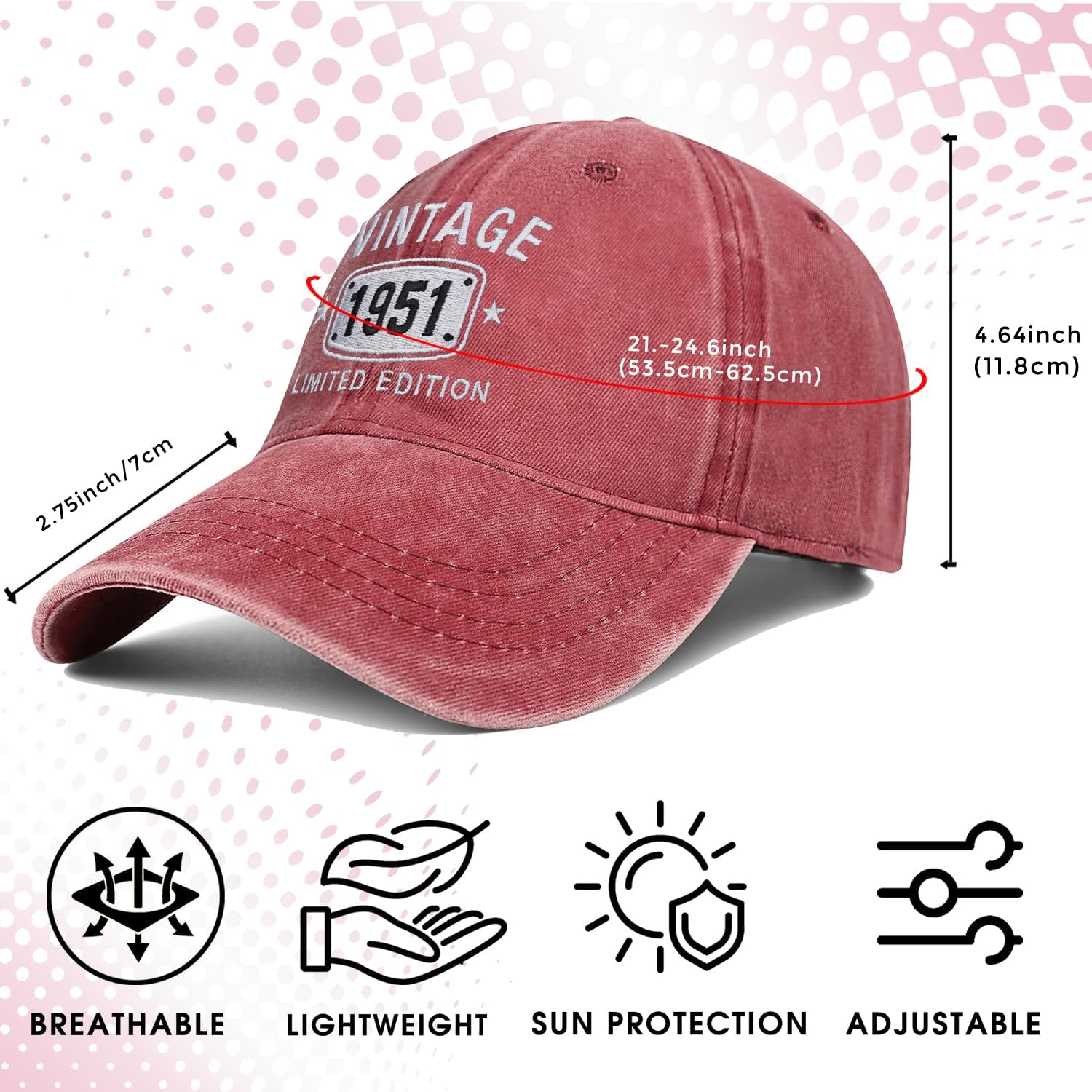 75th Birthday Gifts for Men Women 1950 Vintage Hats Embroidered Baseball Cap - Image 3