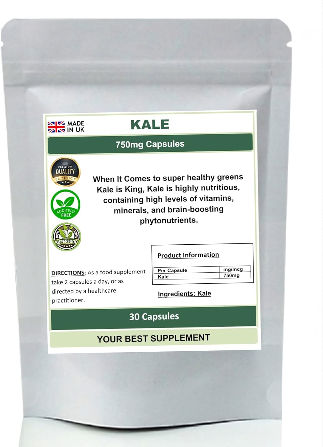 Kale Capsules 750mg 100% Natural (Pure no additive or fillers) Superfood, Detox (30)