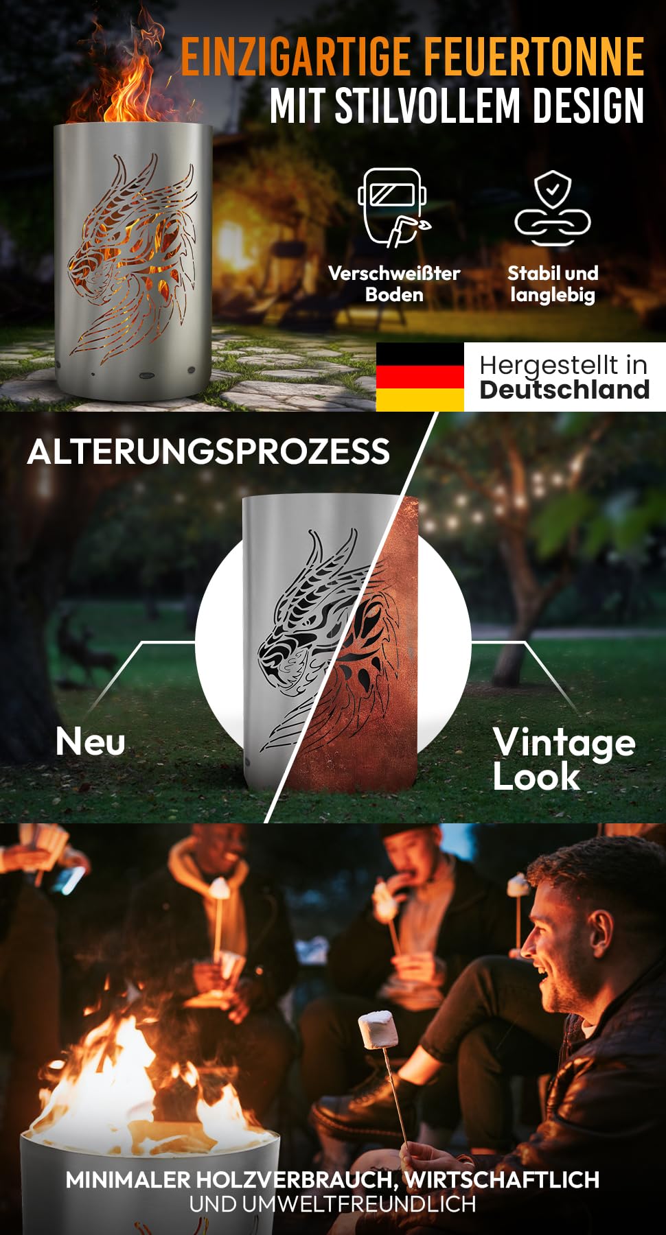 TiKo-Design® Feuertonne Feuerkorb mit Drachen Motiv