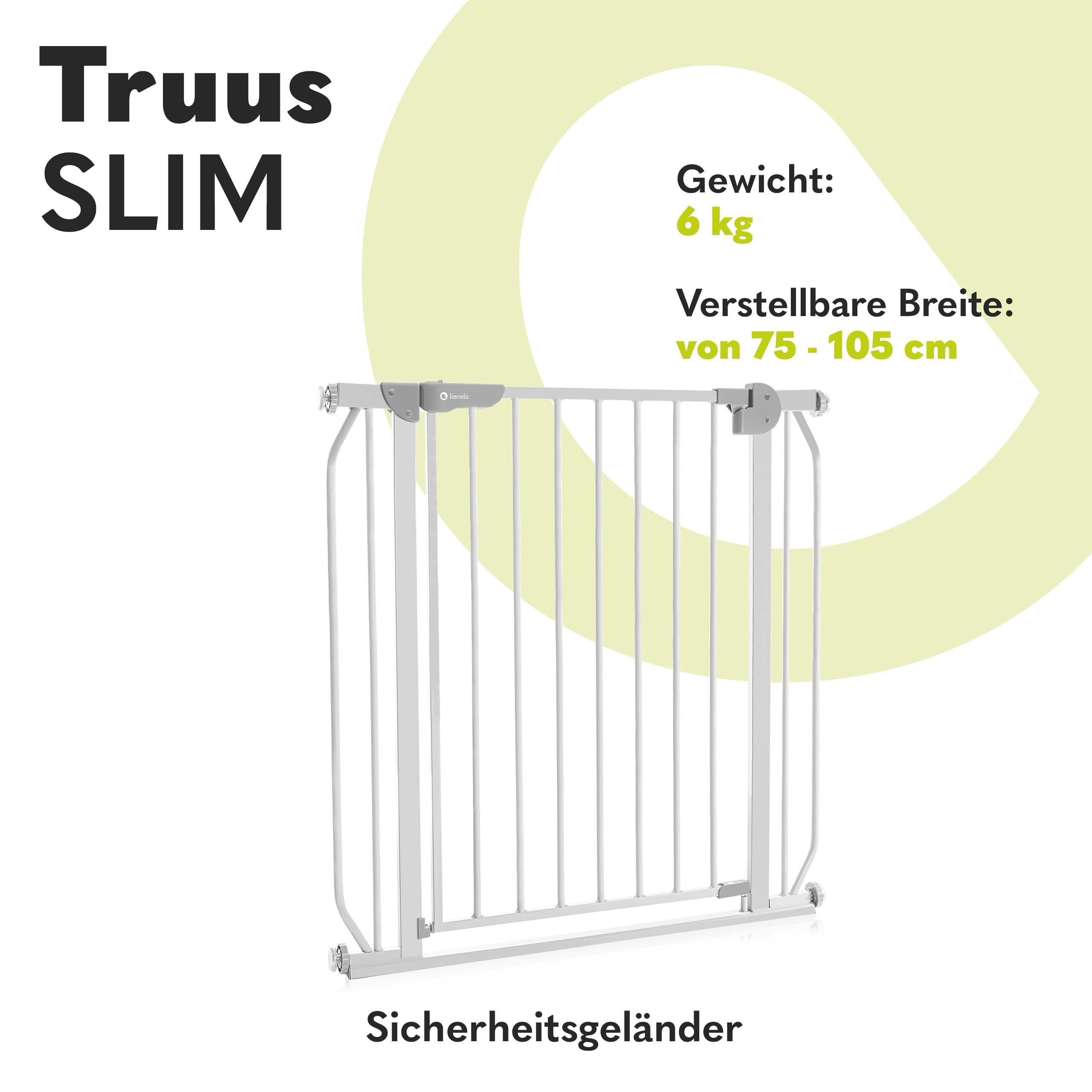 Lionelo Truus Slim Treppenschutzgitter ohne Bohren 75–105 cm | Baby Türschutzgitter mit Erweiterung, Auto Close, Doppelte Sicherung, Beidseitig Öffnend, Niedrige Schwelle