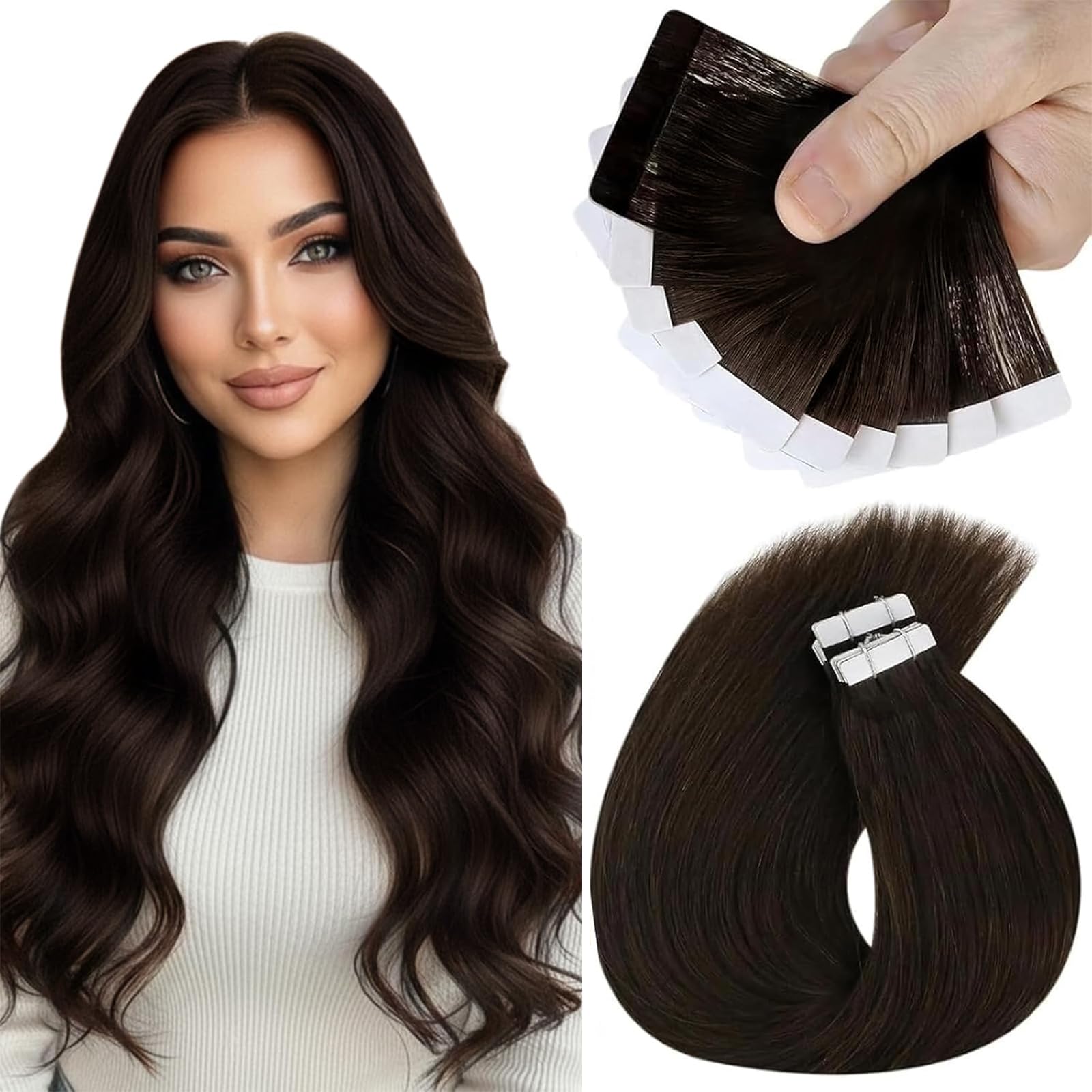 Sunny Hair Tape in Hair Extensions Real Human Hair Invisible Remy Hair Extensions Tape ins for Women Darkest Brown 22 inch 25G