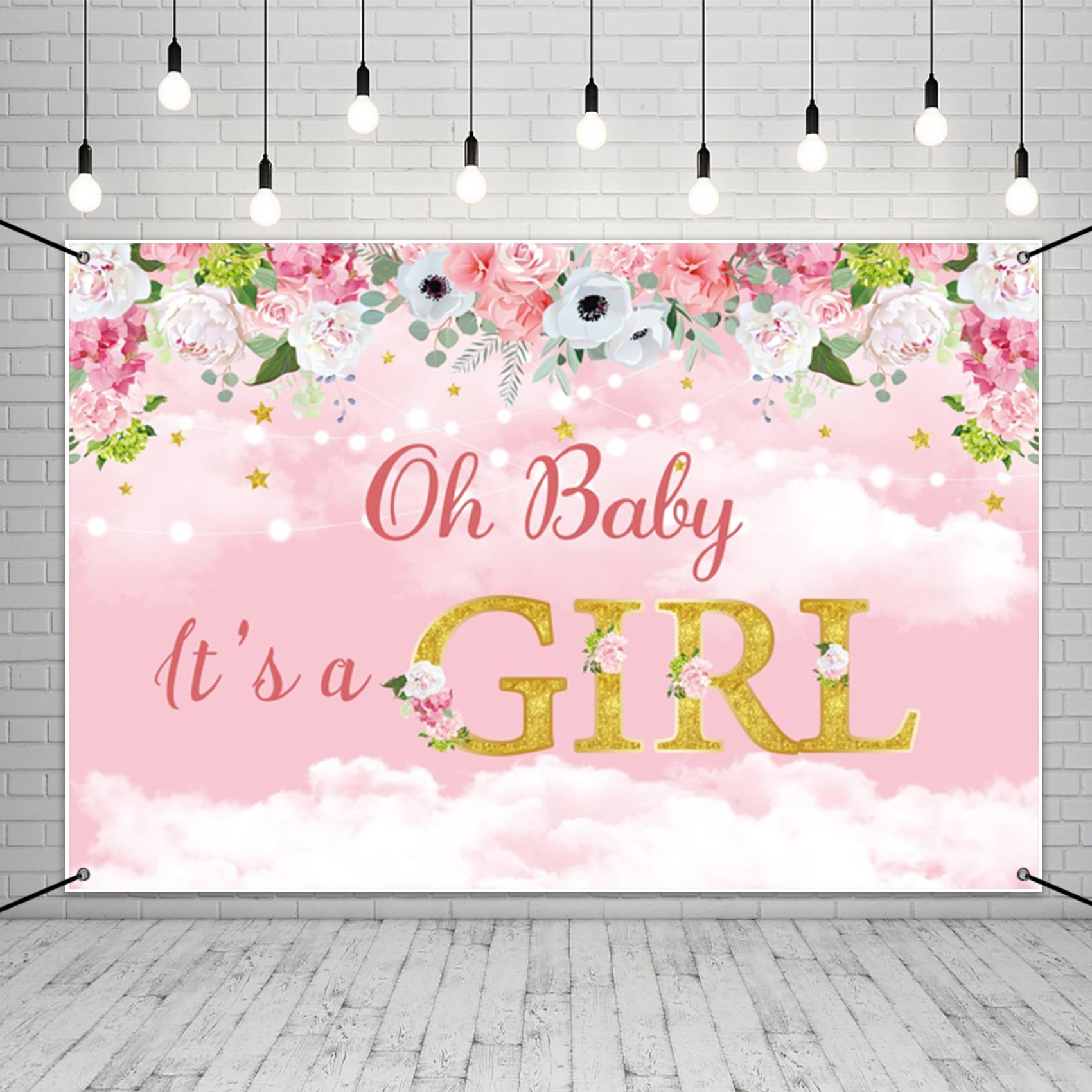 MIRRORANG 6x3.6ft Baby Shower Party Backdrop Decorations - It's a Girl Pink Floral Banner for Girl's Party Supplies - Polyester Fabric