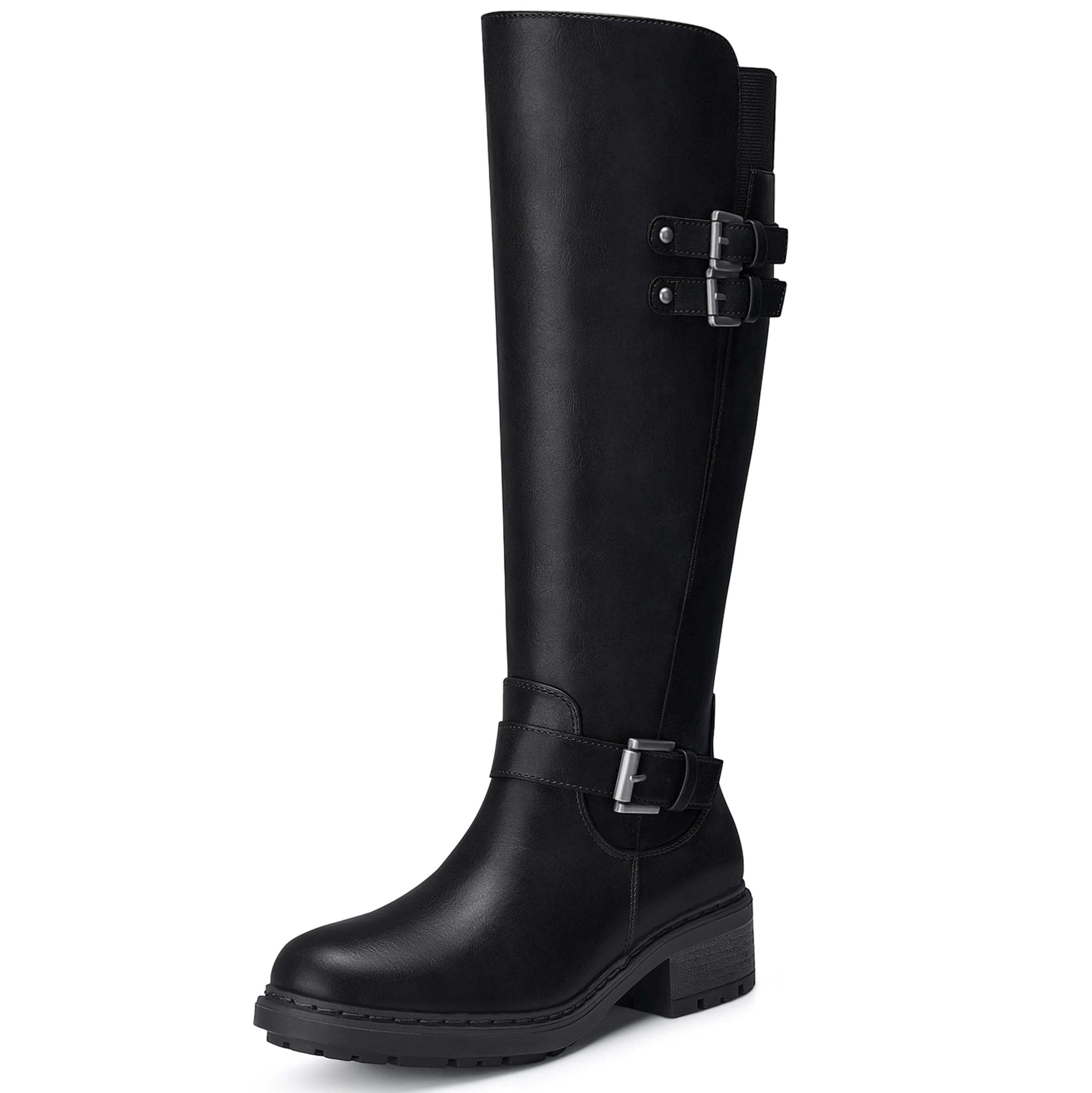 SHIBEVER Womens Knee High Boots Round Toe Side Zipper Motorcycle Riding Boots - Low Block Heel Tall Fall