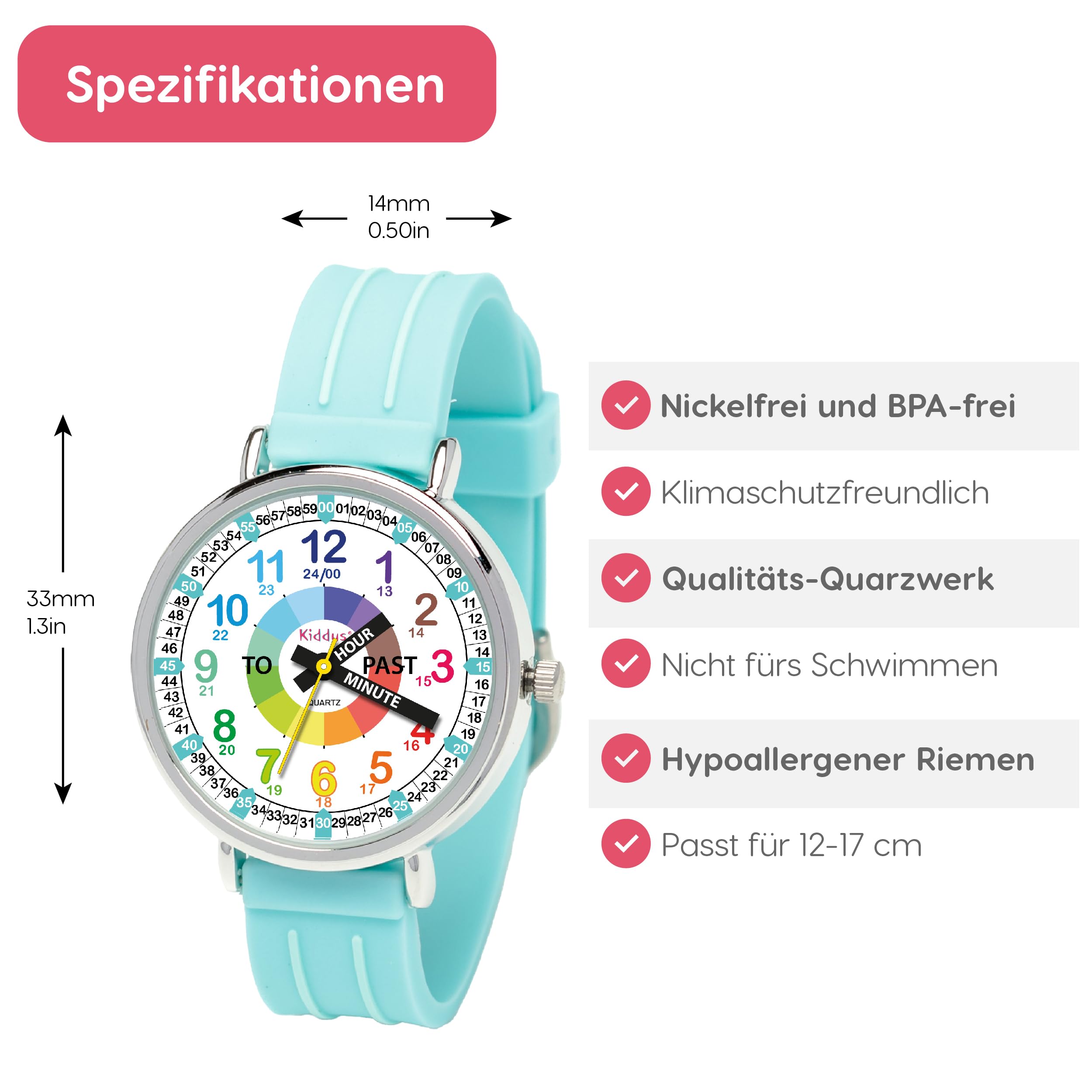 Kiddus Reloj Educativo Infantil para Niño y Niña a Partir de 5 Años, Sumergible 5ATM, Reloj Analógico para Aprender la Hora, Mecanismo Japonés