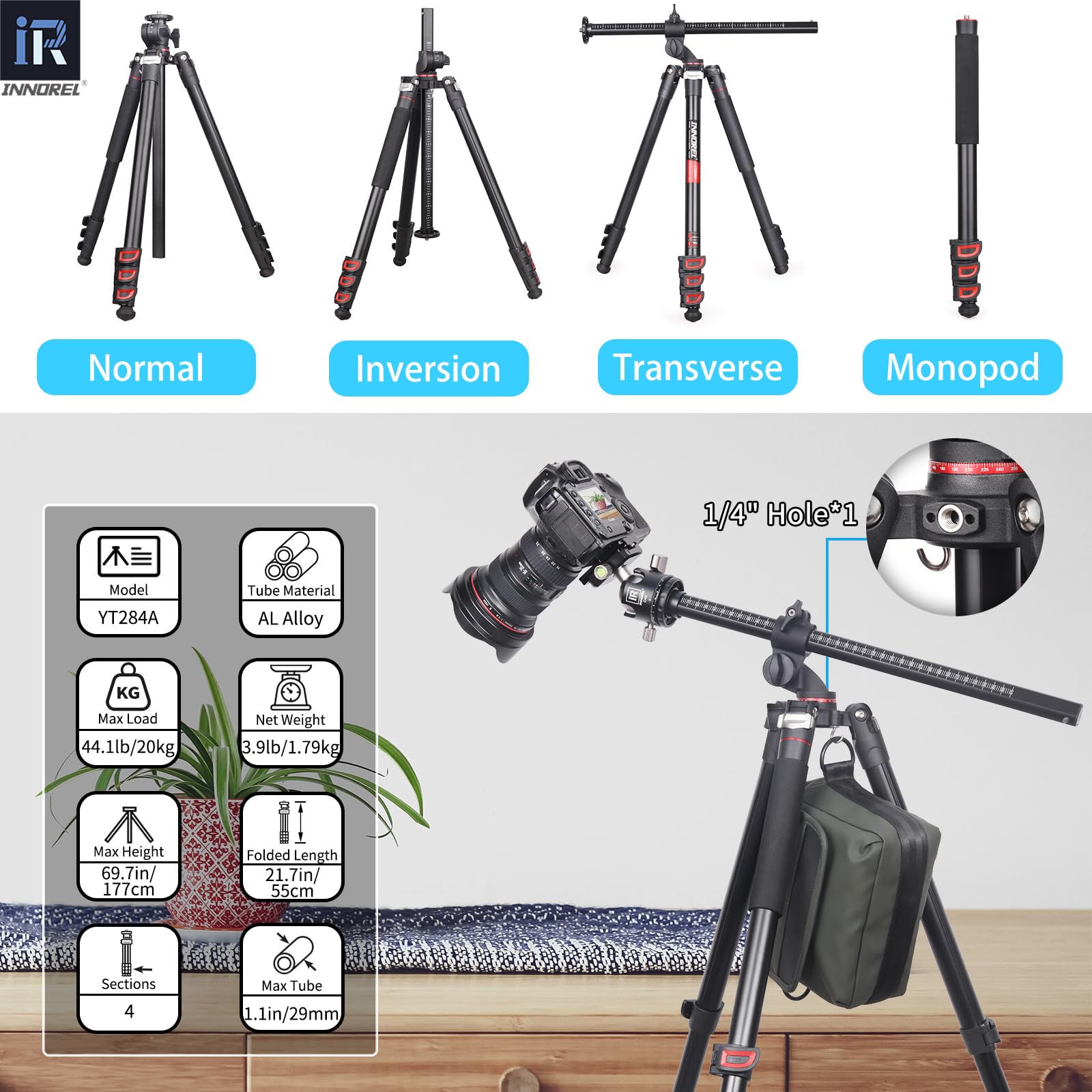 Trípode Horizontal INNOREL YT284A con Columna Central Multi-Angulo Giratoria,Tubo de 29mm Monopié Trípode Profesional para Cámara Digital DSLR Vídeo Videocámara sobre la Cabeza Carga 20kg