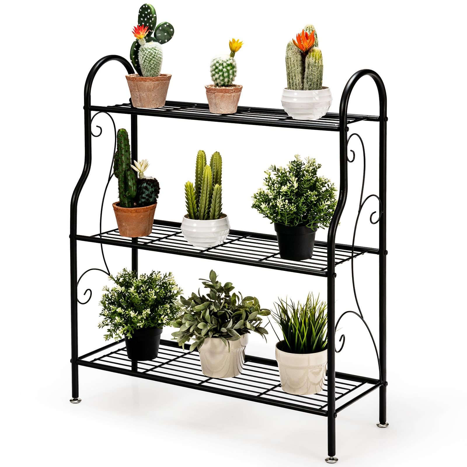 HOMASIS Support de plantes intérieur à 3 niveaux, étagère pour plantes en métal, porte-pots avec repose-pieds réglable, étagère multifonction pour balcon, cour, salon, 72 x 25 x 85 cm, noir