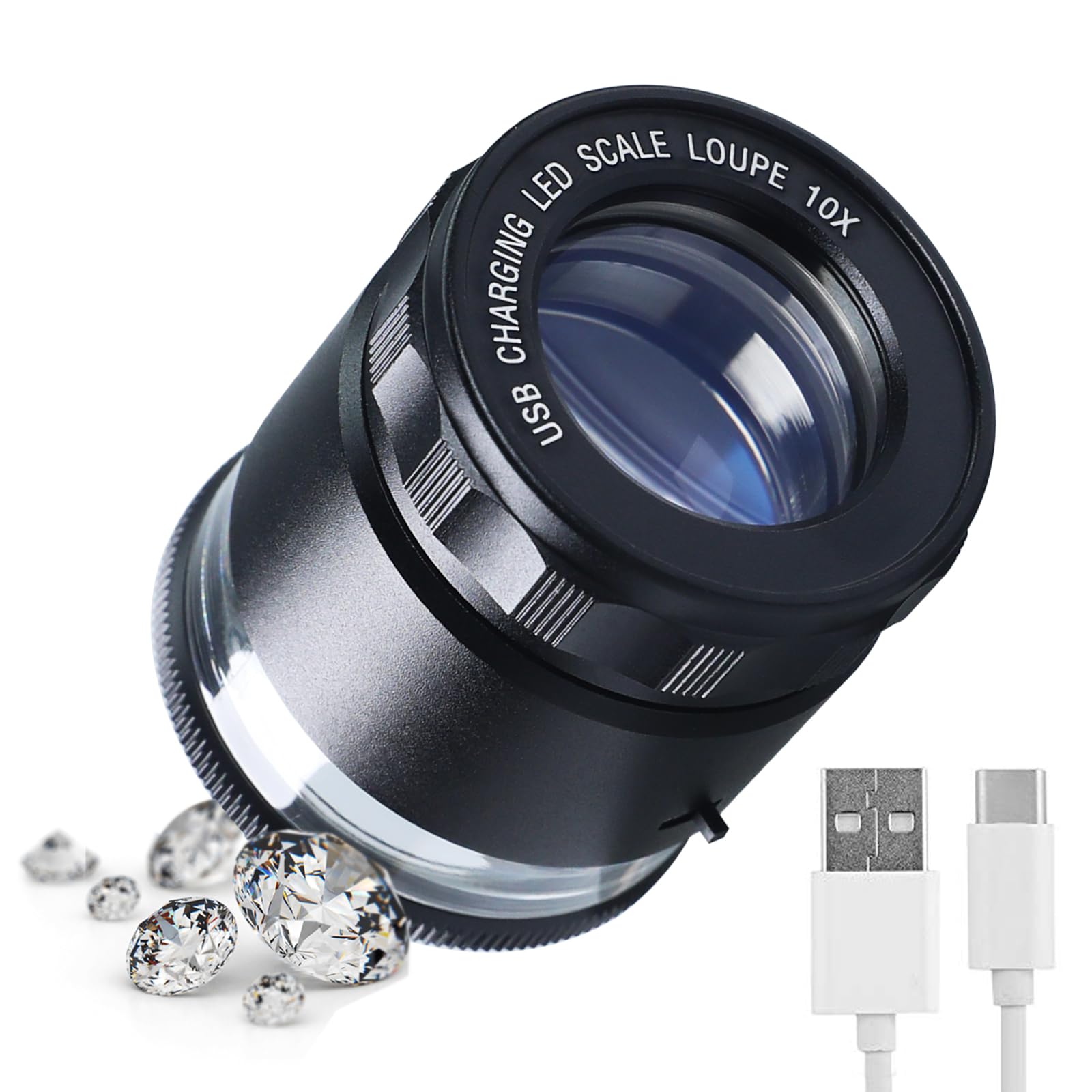 Lente d'ingrandimento 10X per gioiellieri ricaricabile con luci LED e scala reticolare staccabile, campo visivo da 25 mm, lunghezza focale regolabile, lente d'ingrandimento oculare per gioielli vetro