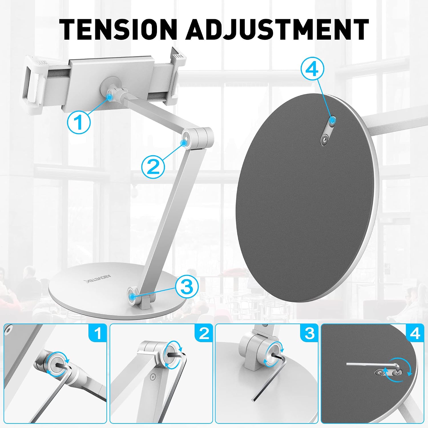 AboveTEK Adjustable Tablet Stand Holder, Long Arm iPad Holder, Flexible and 360 Degrees Rotatable iPad Stand, Compatible with 4.7“- 13.5” Mobile iPhone, iPad, Samsung Tab, Nintendo (White)