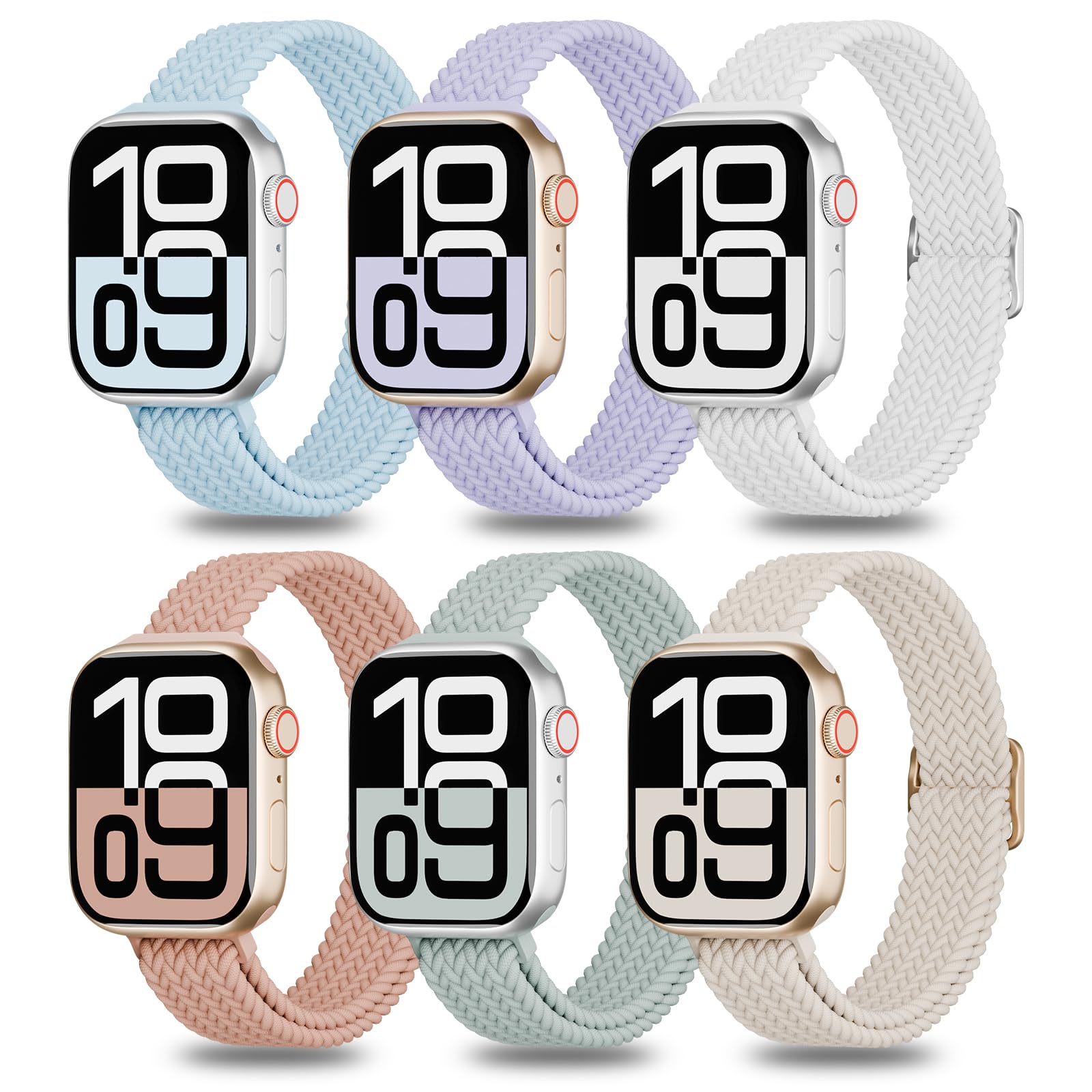 6 Pack Thin Stretchy Braided Compatible with Apple Watch Band 38mm 40mm 41mm 42mm 44mm 45mm 46mm 49mm Women Men, Solo Loop Nylon Slim Strap for iWatch
