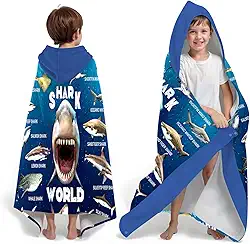 Shark World Toalha de praia com capuz para meninos, 76 cm x 127 cm, poncho infantil com tema oceano, toalha de banho para crianças, azul escuro, absorvente macio com capuz para 3 a 10 anos
