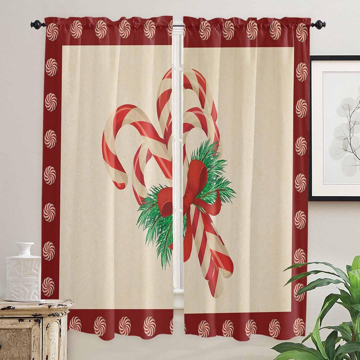 Christmas Window Curtains 72 Inch Long 2 Panel Set, Rod Pocket Long Curtains & Drapes, Xmas Candy Cane Winter Bow Pine Branch Light Filtering Window Treatment for Bedroom Living Room 52"W x 72"L