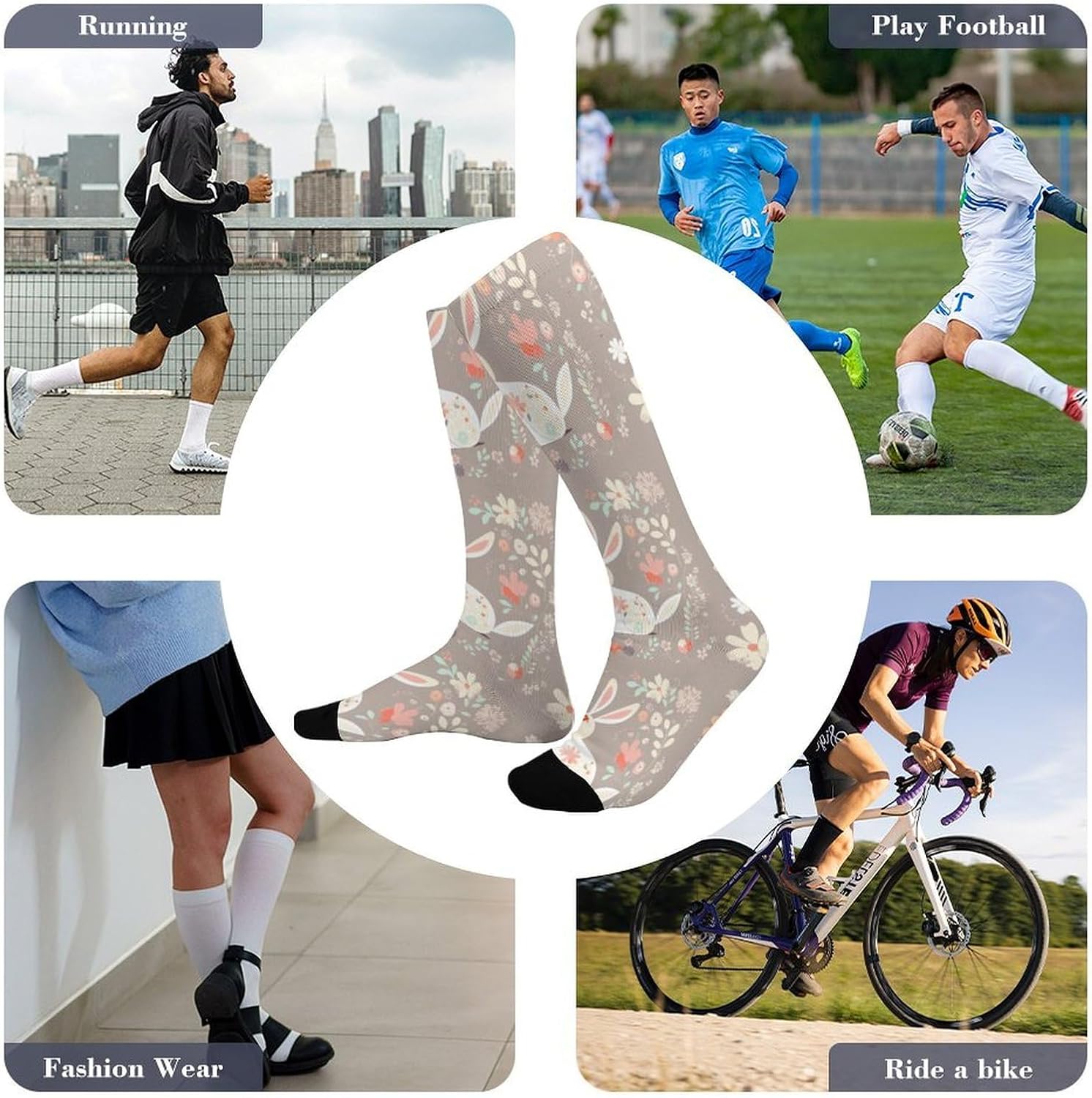 Easter Bunny Floral Compression Socks for Women Men Comfort Over The Calf Socks Moisture Wicking Breathable Athletic Sock