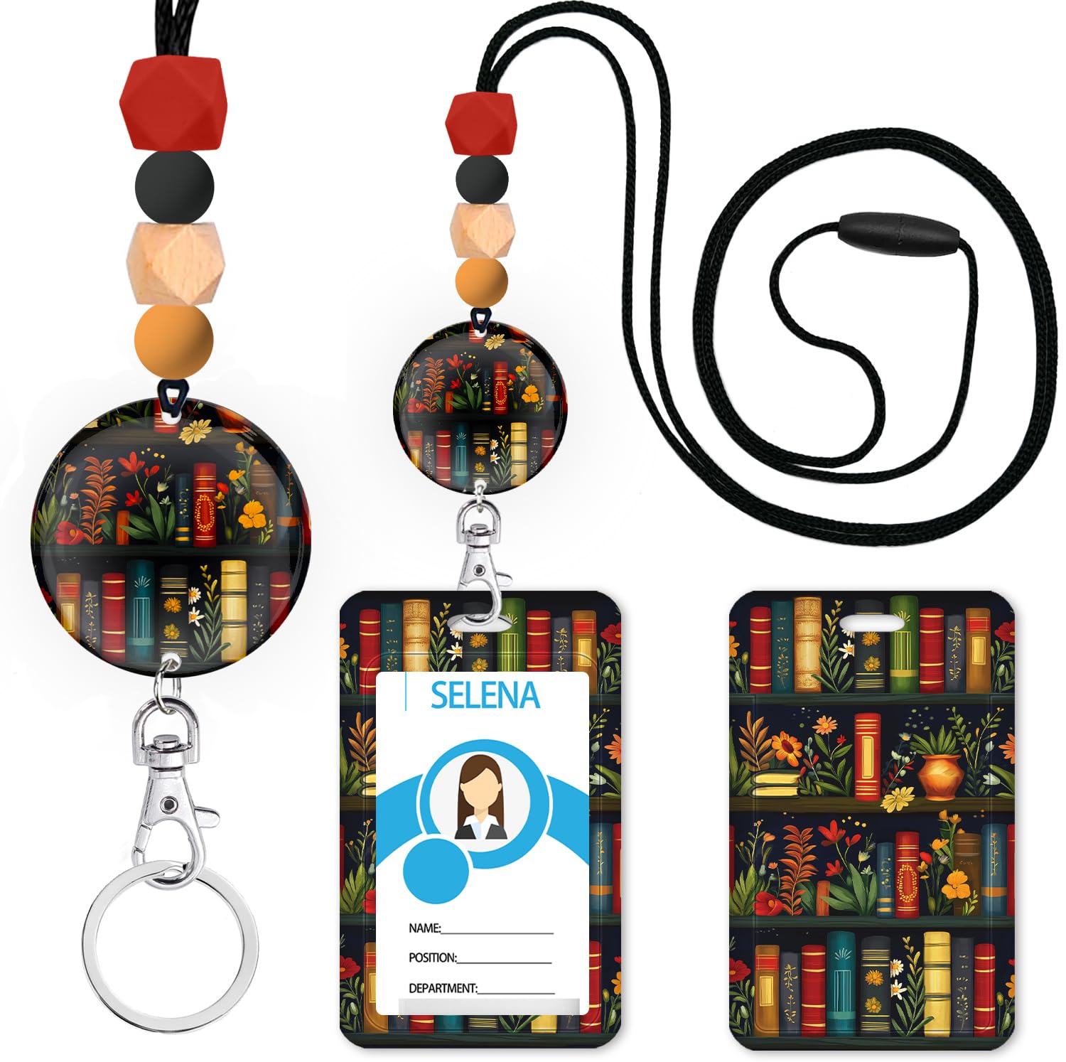 Mcapirivo Bookshelf Flower Teacher Lanyards for ID Badges and Keys, Cute Silicone Beaded Breakaway Lanyard for Women Nurses Educators School, Keychain